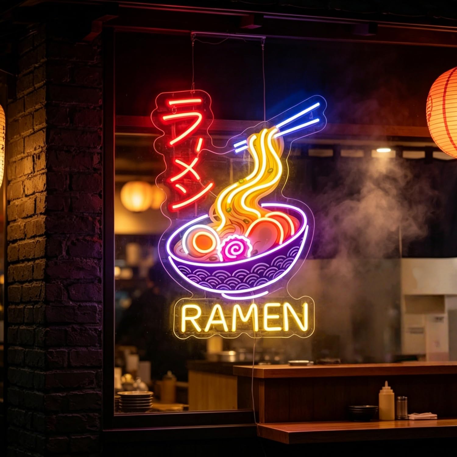 Panneau lumineux néon Ramen - Motif nouilles japonaises - Décoration animée