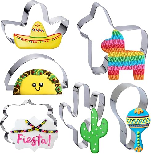 Fiesta Mexican Cinco de Mayo - Juego de cortador de galletas para decoración de fiesta, 6 piezas de 4 pulgadas de tamaño grande, burro, piñata,