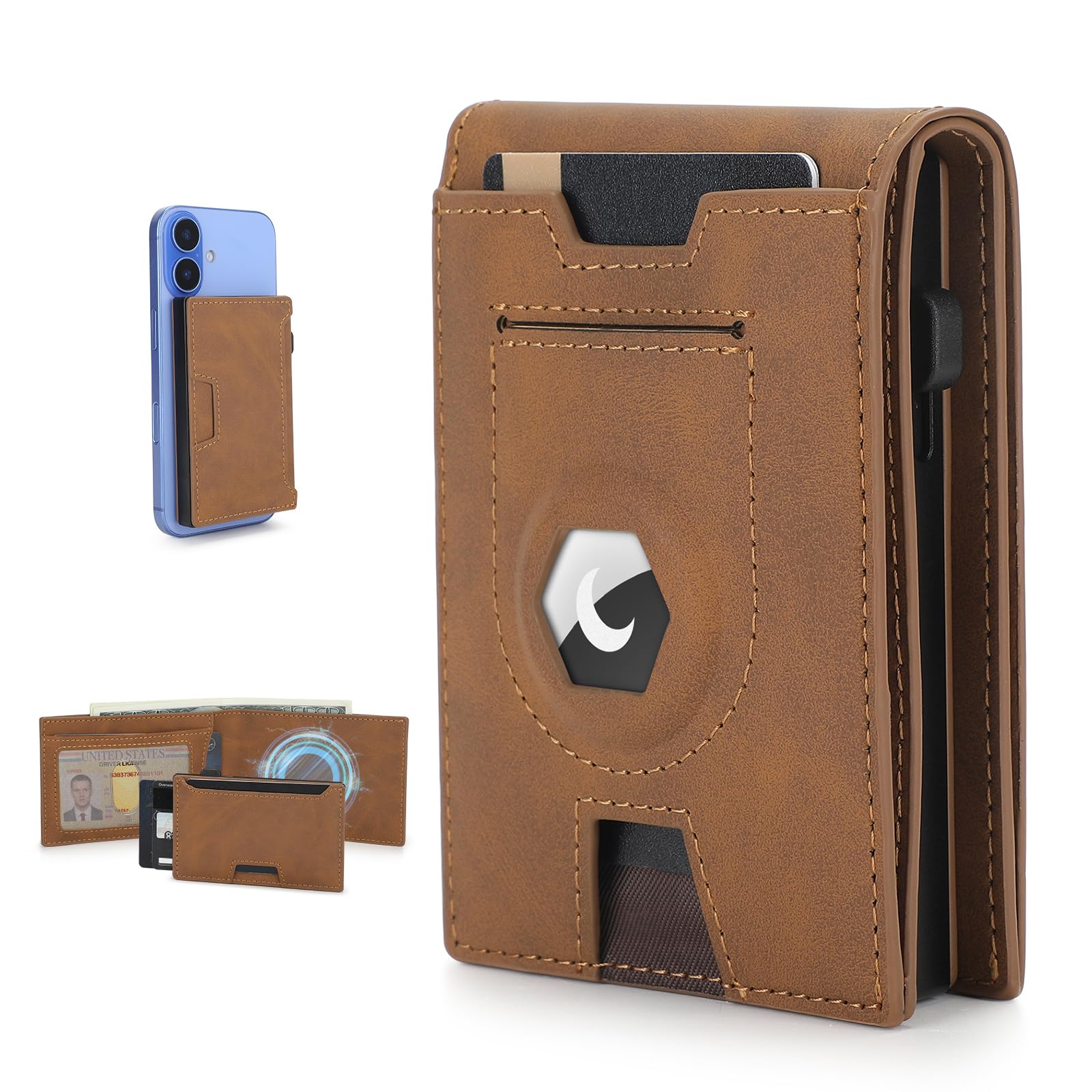 baigio Airtag Wallet for Men, 2 IN 1 Detachable MagSafe Minimalist Wallet, Magnetic Pop Up Card Holder, RFID Blocking Smart Bifold Wallets for 10 Cards & Cash with ID Window, Mens Gift, Brown-picture-34
