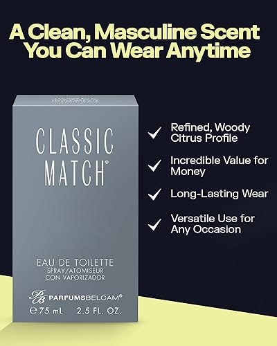 Miniatura 4 de PB ParfumsBelcam Classic Match CM Eau De Toilette Spray, fragancia fresca y elegante para hombres, notas amaderadas y florales, aroma duradero,