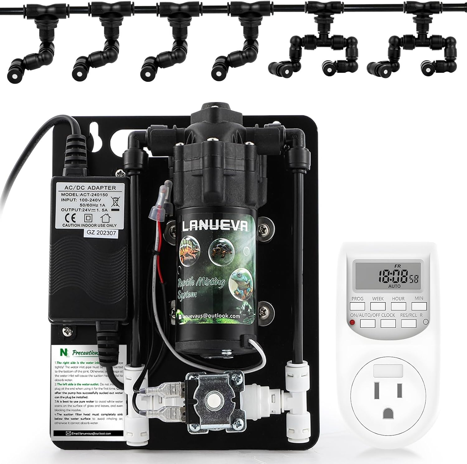 LANUEVA Reptile Humidifier, Quieter Terrarium Mister System with 4 Single Misting Nozzle 360°Adjustable+2 Misting Nozzle, Reptile Fogger Sprayer System for Reptile Tank, Chameleon, Lizard, Snake, Frog