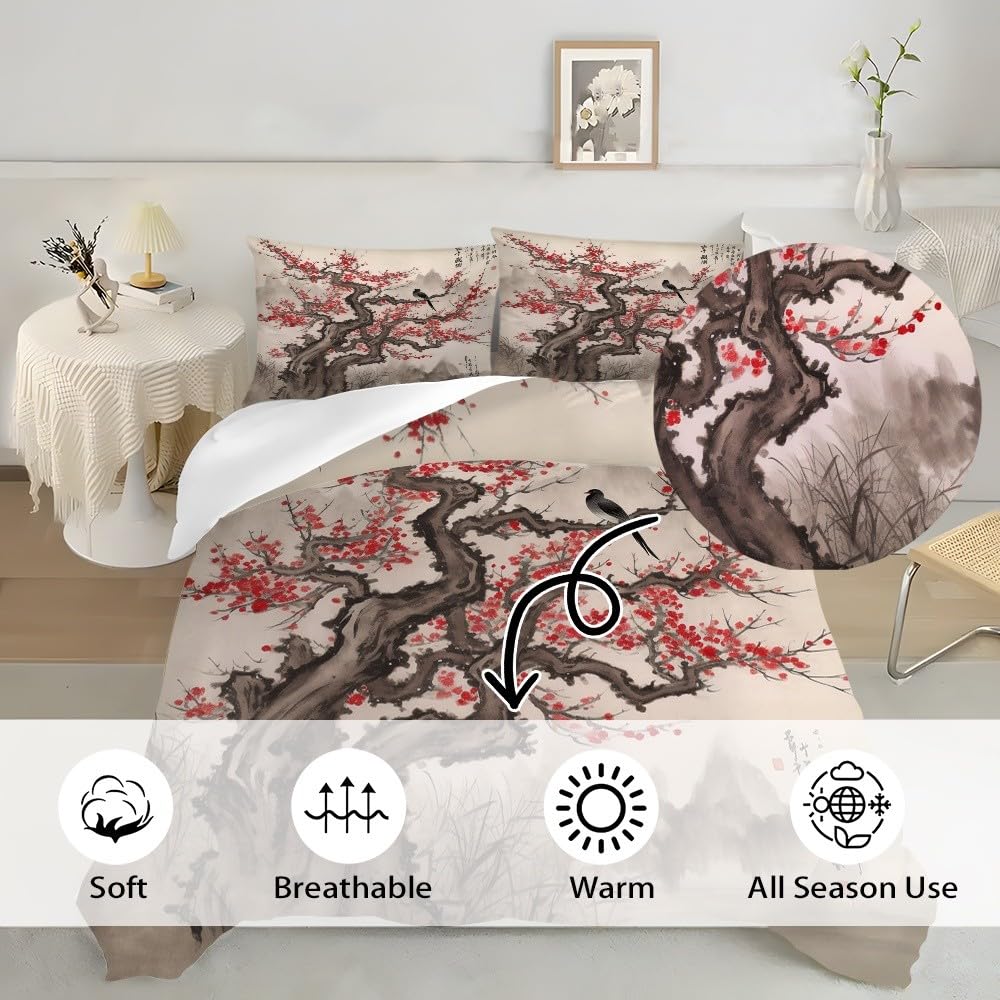 3-częściowy zestaw pościeli z mikrofibry malowanie tuszem kwiaty śliwki kwiaty poszwa na kołdrę 260 x 240 cm dla 2 osób, zestaw pościeli brązowy miękka poszwa na kołdrę dla dzieci dorosłych