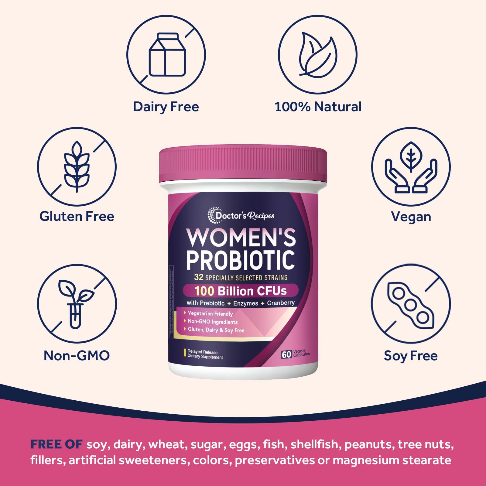 Doctor's Recipes Probiotics for Women, 100 Billion CFU 32 Strains, with Prebiotic Fiber, Enzymes & Cranberry, Vaginal Urinary Digestive & Immune, No Yeast, Shelf Stable, Delayed Release, 60 Caps