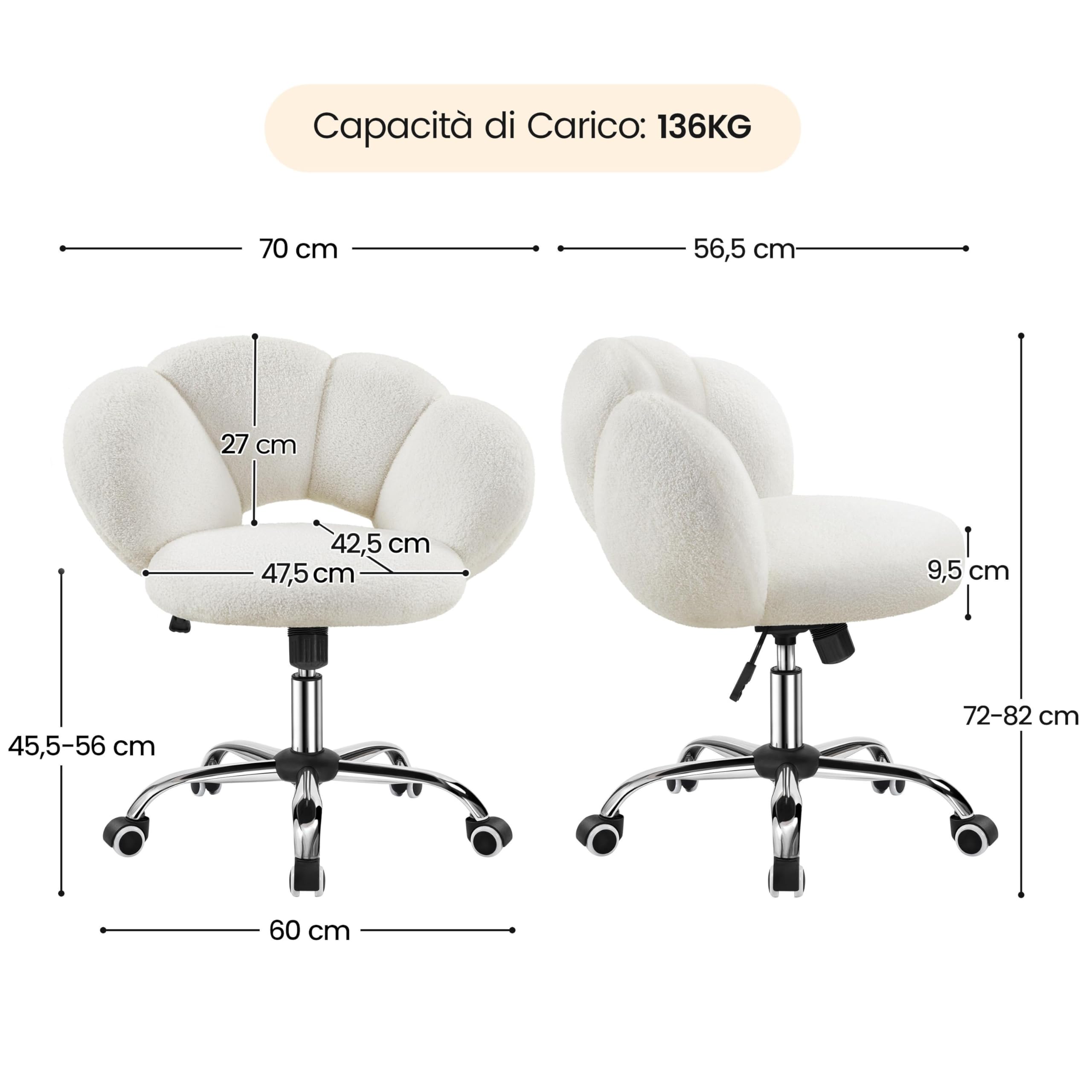 Yaheetech Sedia da Ufficio Scrivania Bianca Cameretta Imbottita Senza Braccioli Ergonomica con Ruote Girevole, Schienale Design a Nuvola in Tessuto Bouclé, Altezza Regolabile