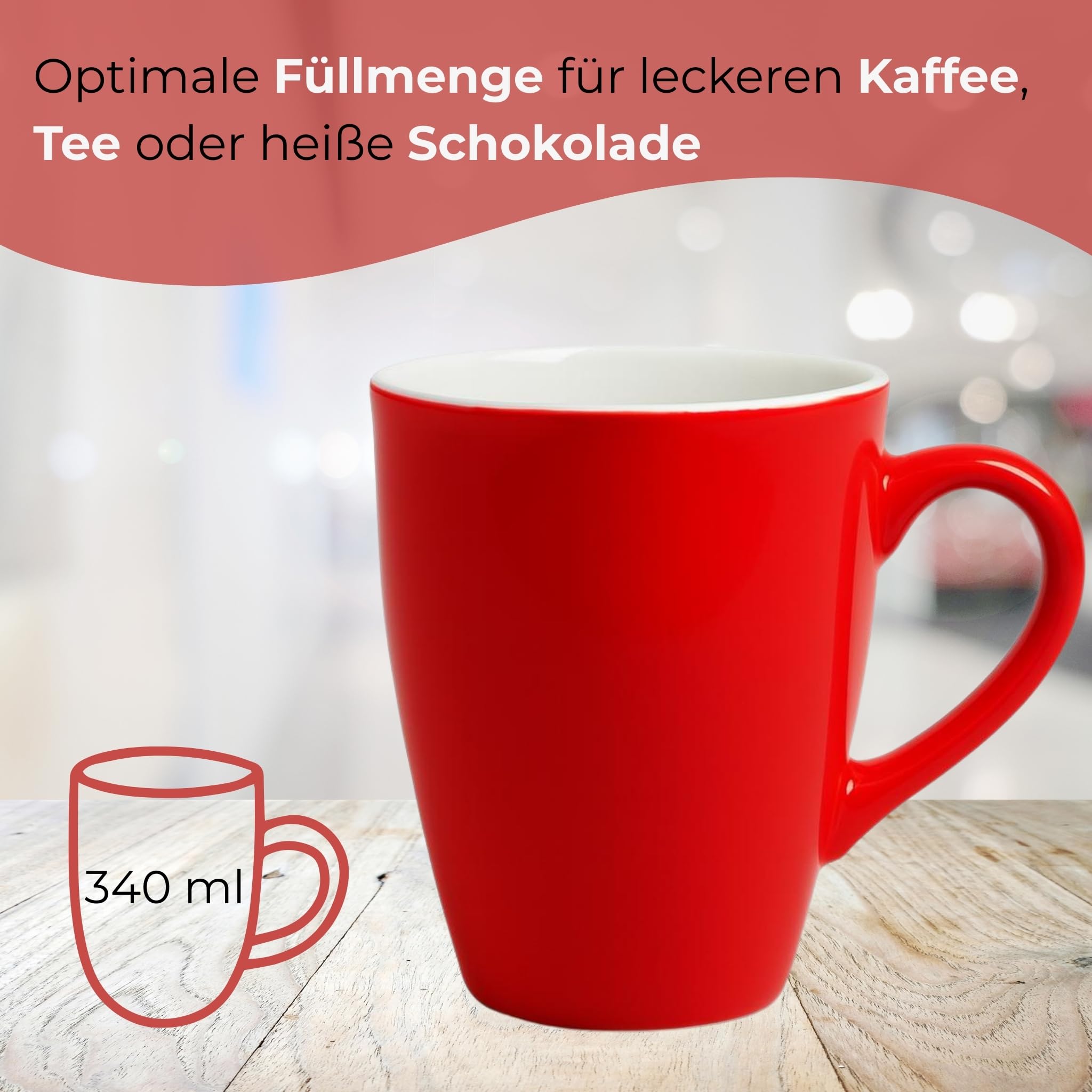 Kaffeetassen 36er Set aus Keramik 340ml - Teetassen Set in Rot, Kaffeebecher Spülmaschinenfest
