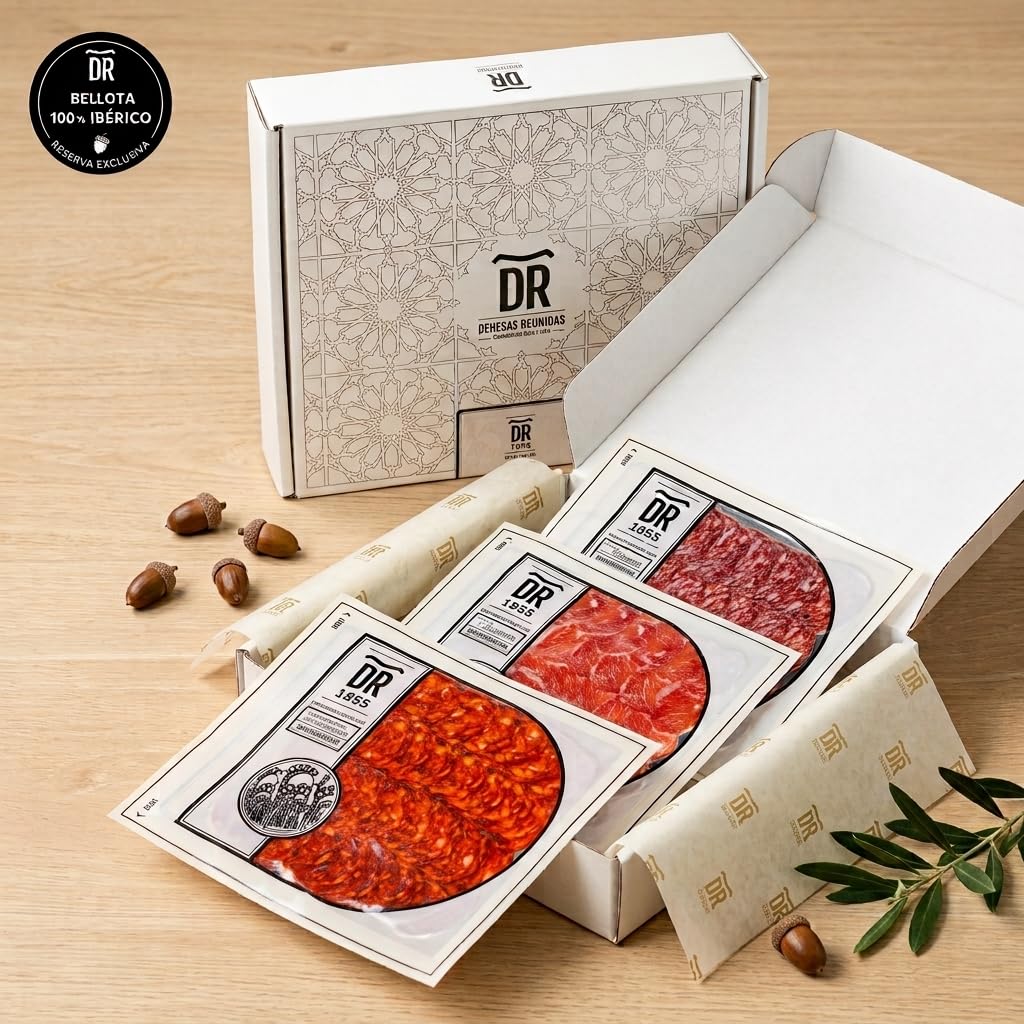 Dehesas Reunidas Surtido Ibérico de Bellota 100% Loncheado a Máquina - PACK 6 SOBRES de 80 g - 2 Salchichón, 2 Caña de Lomo y 2 Chorizo - Curación Artesanal
