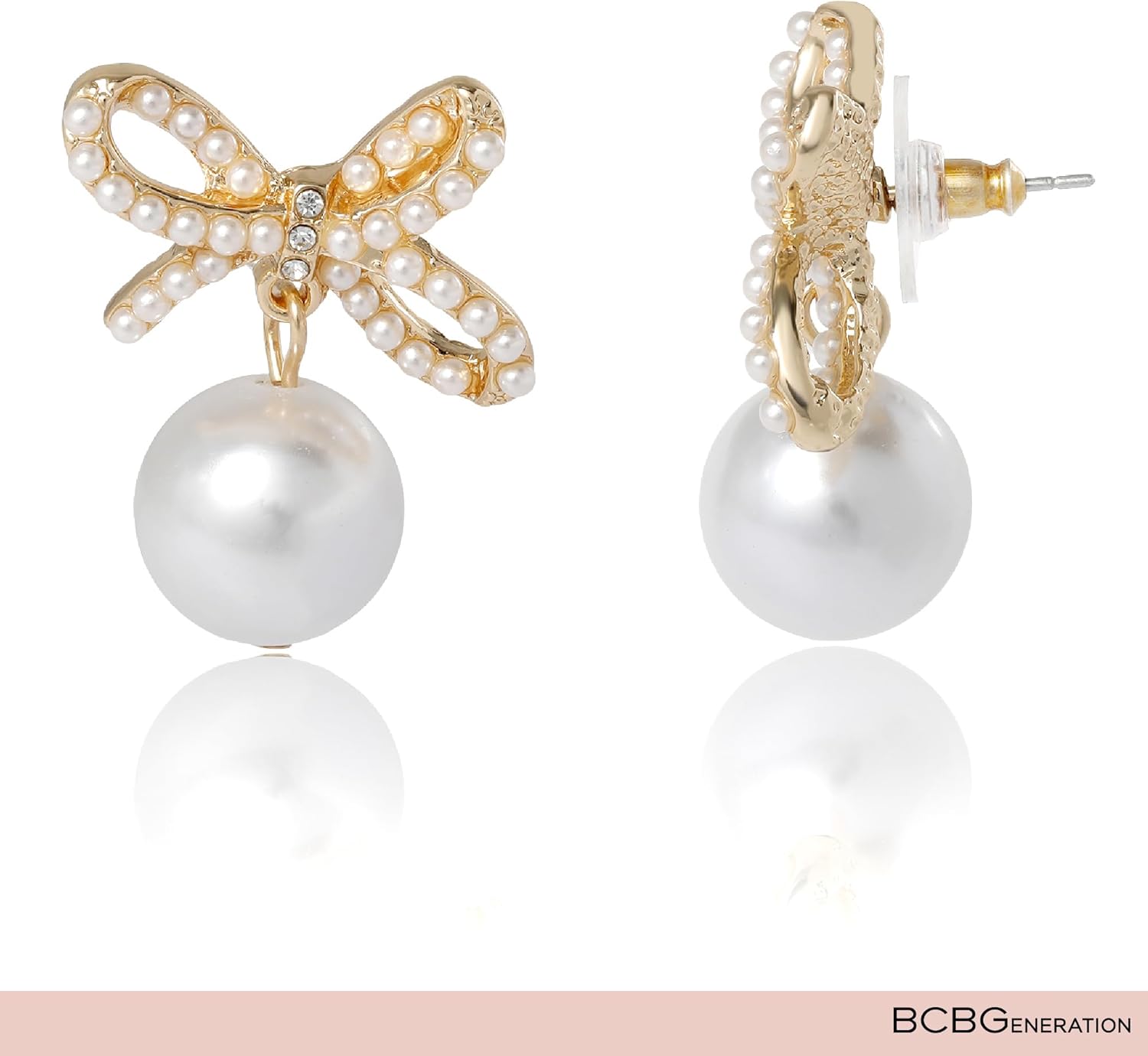 BCBGeneration Bow Stud Earrings for Women with Dangling Pearl and Mini Crystals, Mother's Day Earrings