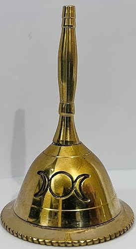 Miniatura 6 de Indian Consigners Campana de mano de latón ruidoso de 3 pulgadas, uso de péndulo de altar (luna triple, oro)