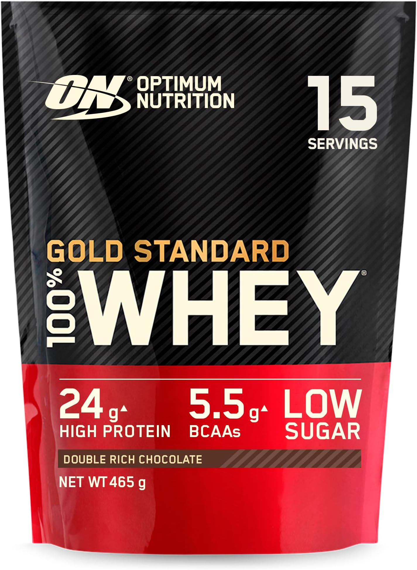 – Optimum Nutrition Gold Standard 100% Whey Muscle Building and Recovery Protein Powder With Naturally Occurring Glutamine and BCAA Amino Acids, Double Rich Chocolate Flavour, 15 Servings, 465 g