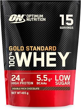 Optimum Nutrition Gold Standard 100% Whey Muscle Building and Recovery Protein Powder With Naturally Occurring Glutamine and BCAA Amino Acids, Double Rich Chocolate Flavour, 15 Servings, 465 g