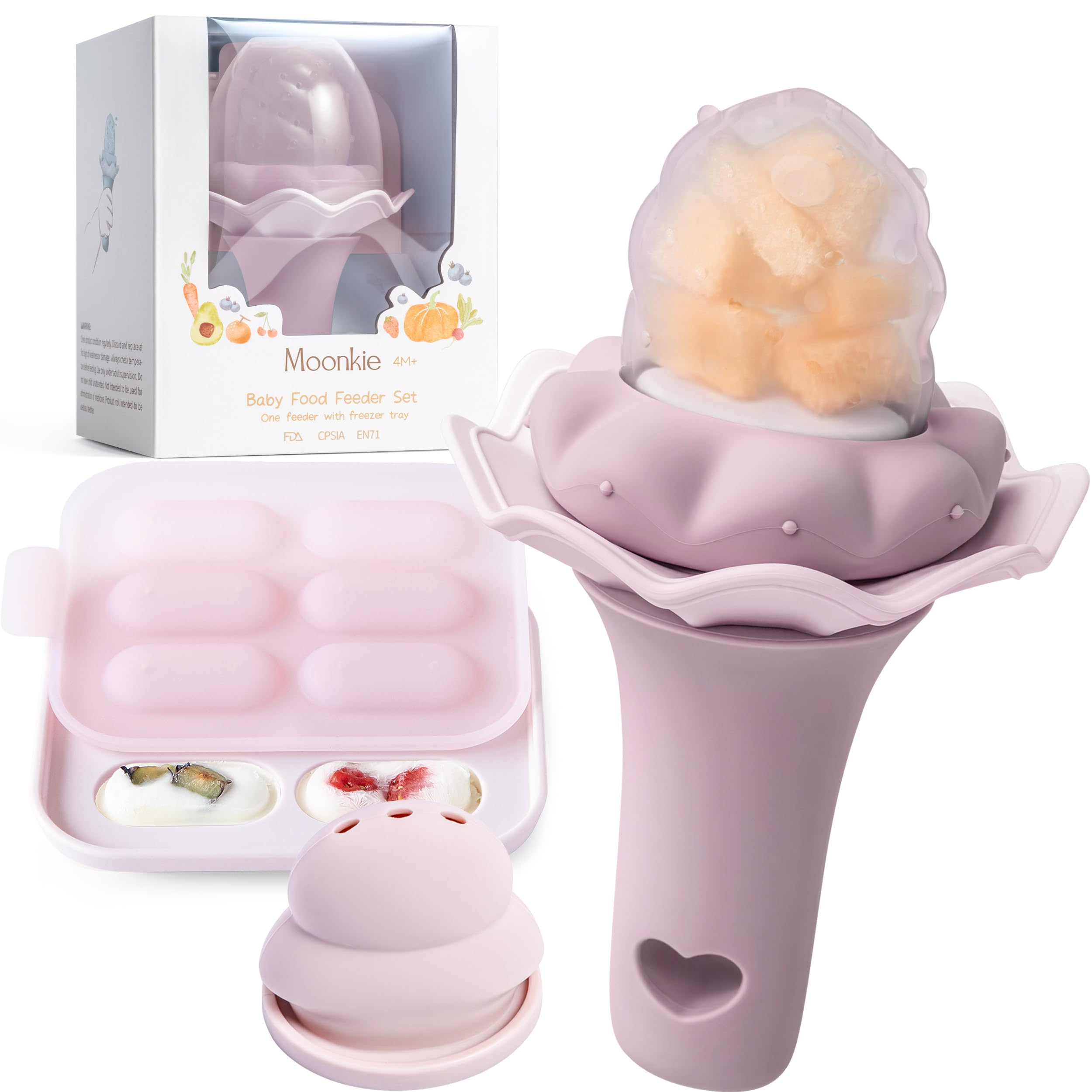 Moonkie Fruchtsauger Baby mit Gefrierschrank Tablett, BPA-Frei Silikon Fruchtschnuller mit Zwei Größen Beutel, 4 Monate+ Zahnungshilfe, Geschenk zur Babyparty, 1 Stück(Blass-Mauve)