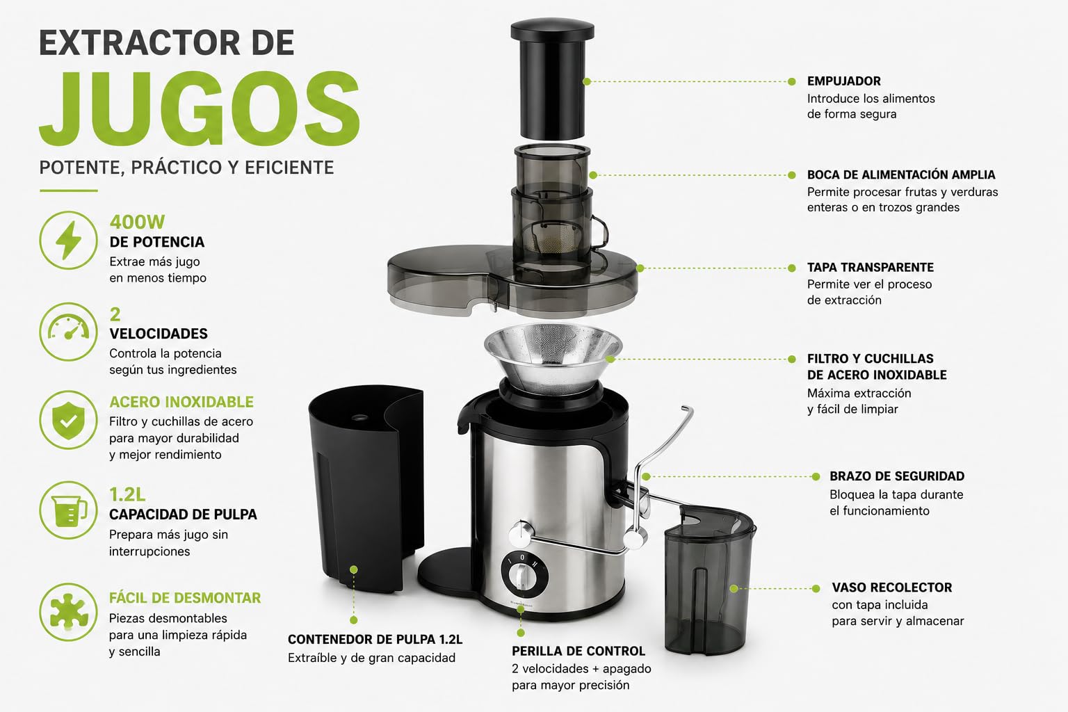 Exprimidor Eléctrico de Frutas y Verduras Licuadora Extractora de Jugos Centrífuga para Frutas Juicer 2 Velocidades Contenedor de Pulpa 1.2L Fácil limpieza Extractor de Jugos 400W Acero Inoxidable