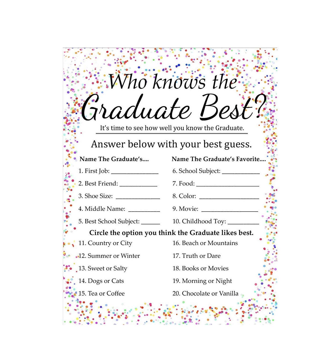 Amazon.com: Graduation Party Game – Who Knows the Graduate Best, 25 count :  Home & Kitchen