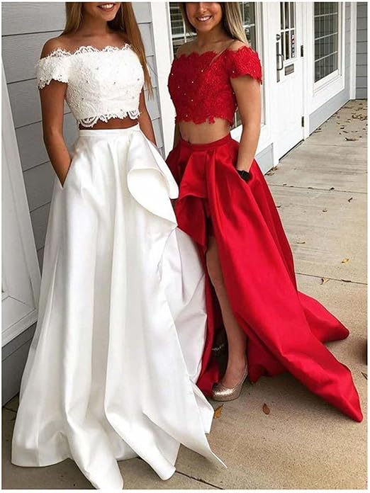 Low Prom Dresses Beaded Two Piece Lace 