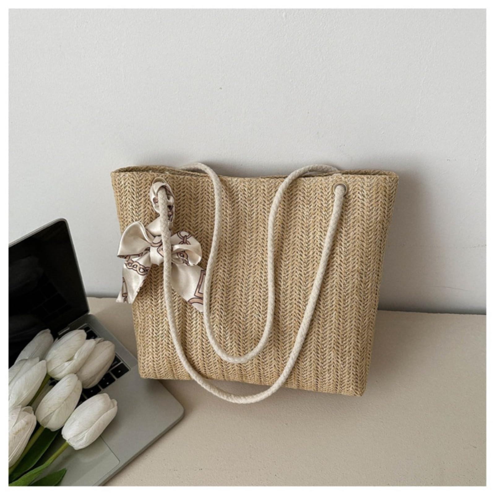 Borsa di Paglia Donna A Tracolla Estiva, da Pendolare Grande capacità delle Donne, alla Moda-White