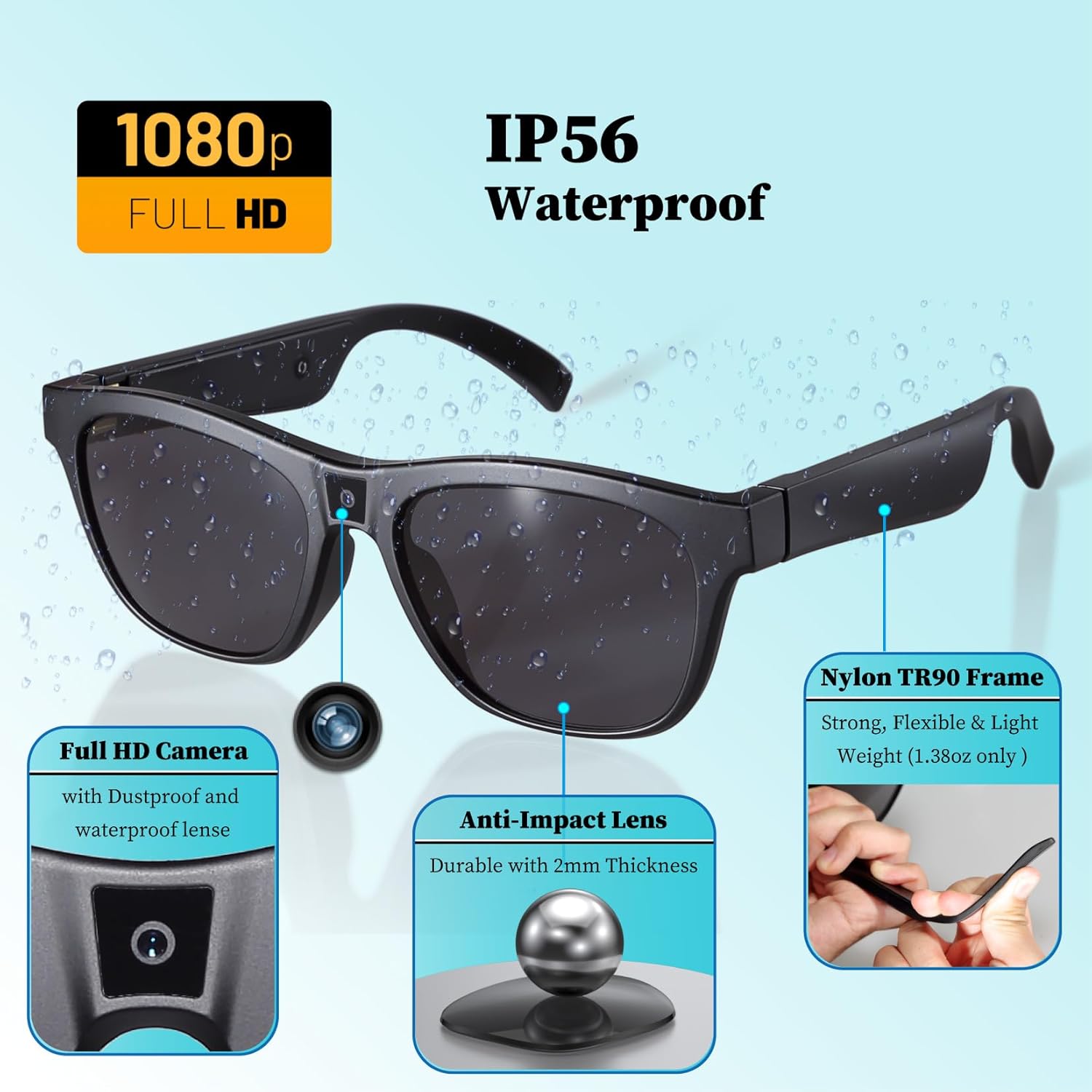 Sport Camera with Water Resistant, Camera Sunglasses for Outdoor Sports Open on Computer and Android Phone (32GB Memory Card Included)