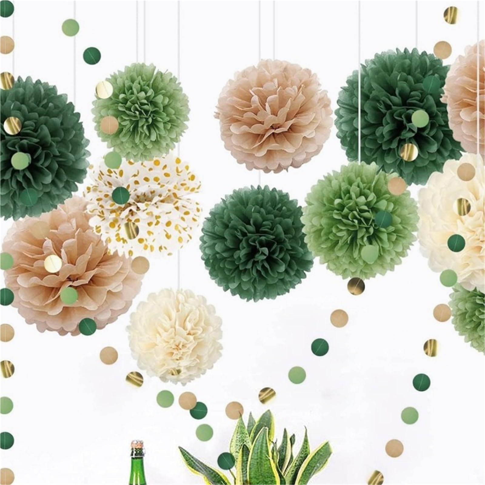Paper Pom Poms 15pcs, Green Tissue Paper Pom Poms Wedding Party Decorations Garland String Hanging Backdrop for Engagement