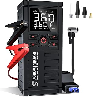 Jump Starter with Air Compressor, 7000A 180PSI Car Battery Jump Starter Jump Box (All Gas/10.0L Diesel), Battery Jumper Starter Portable Jumper Cables, Large LCD Display, LED Light Black - Amazon product rated Grade A