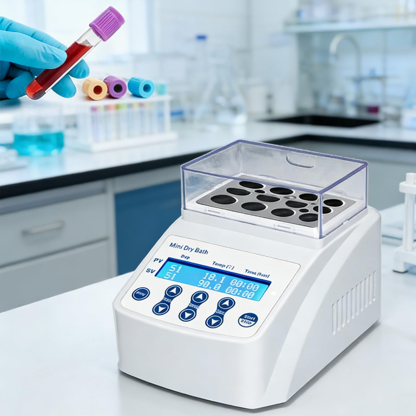 Mini riscaldatore termostatico digitale per bagno secco, gamma di riscaldamento 5-100 ℃, modulo a 15 fori da 1,5/2 ml, timer 0-100 ore per esperimenti chimici e biologici