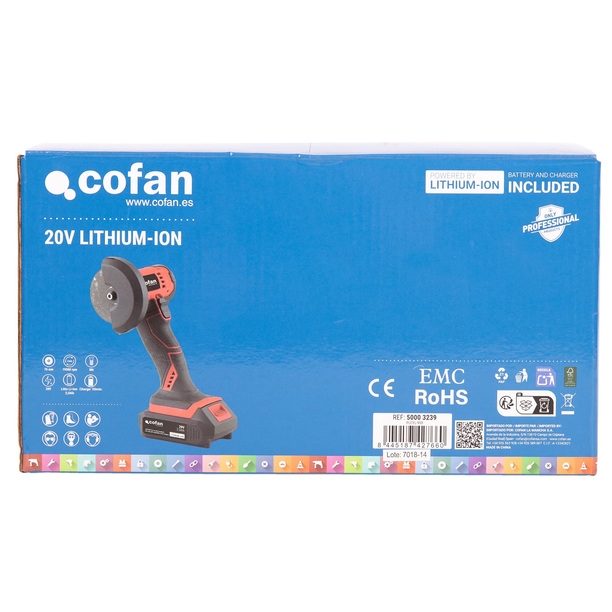 Cofan Mini amoladora a batería | Potencia: 20 V | Adecuada para discos de 76 mm | 19.500 rpm | Empuñadura de 3 posiciones | Compacta y ligera | Batería y cargador incluidos