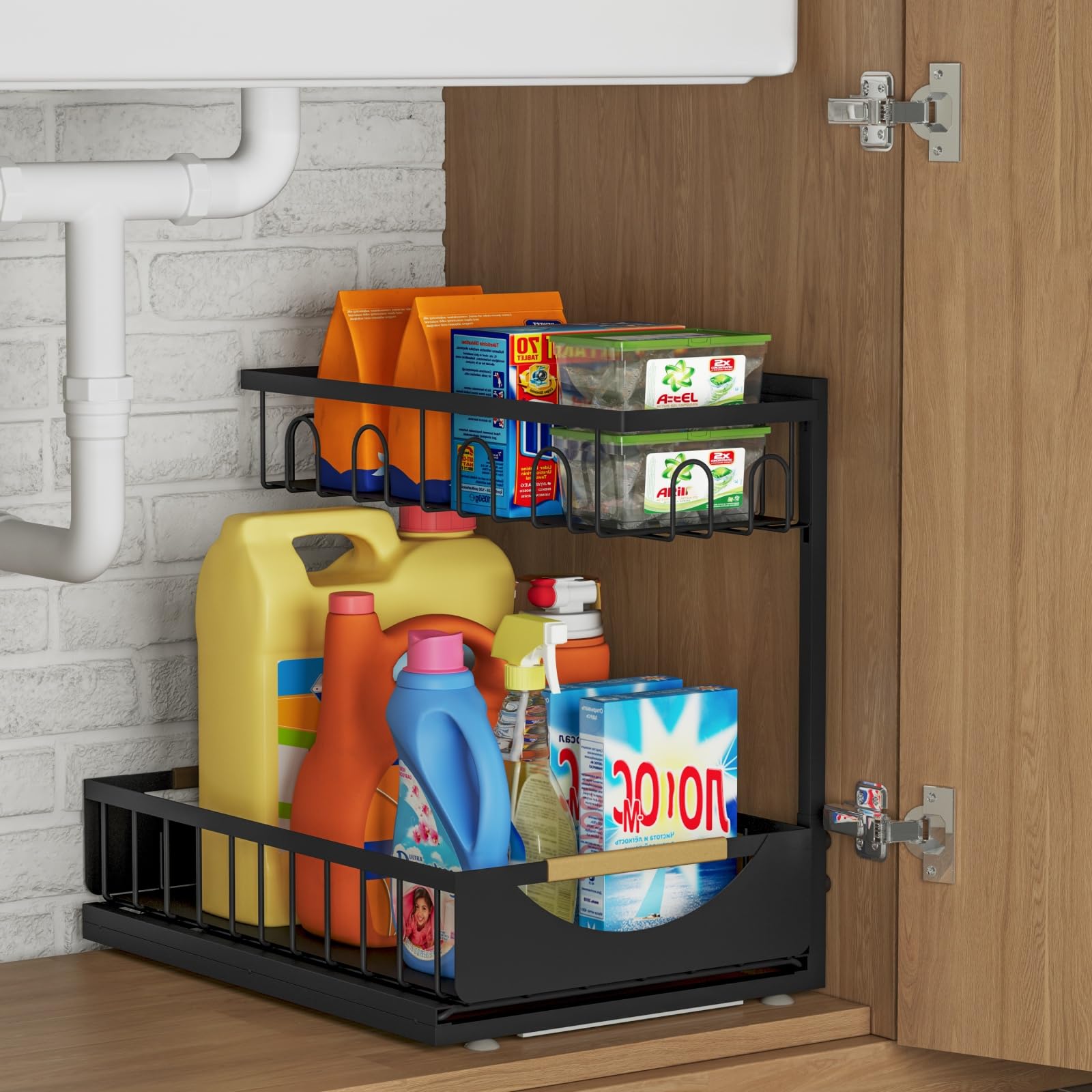 Fantasnight Kitchen Under Sink Hanging Storage Organiser - 2 Tier Metal Undersink Organisation for Cupboard - 1 Pack Black