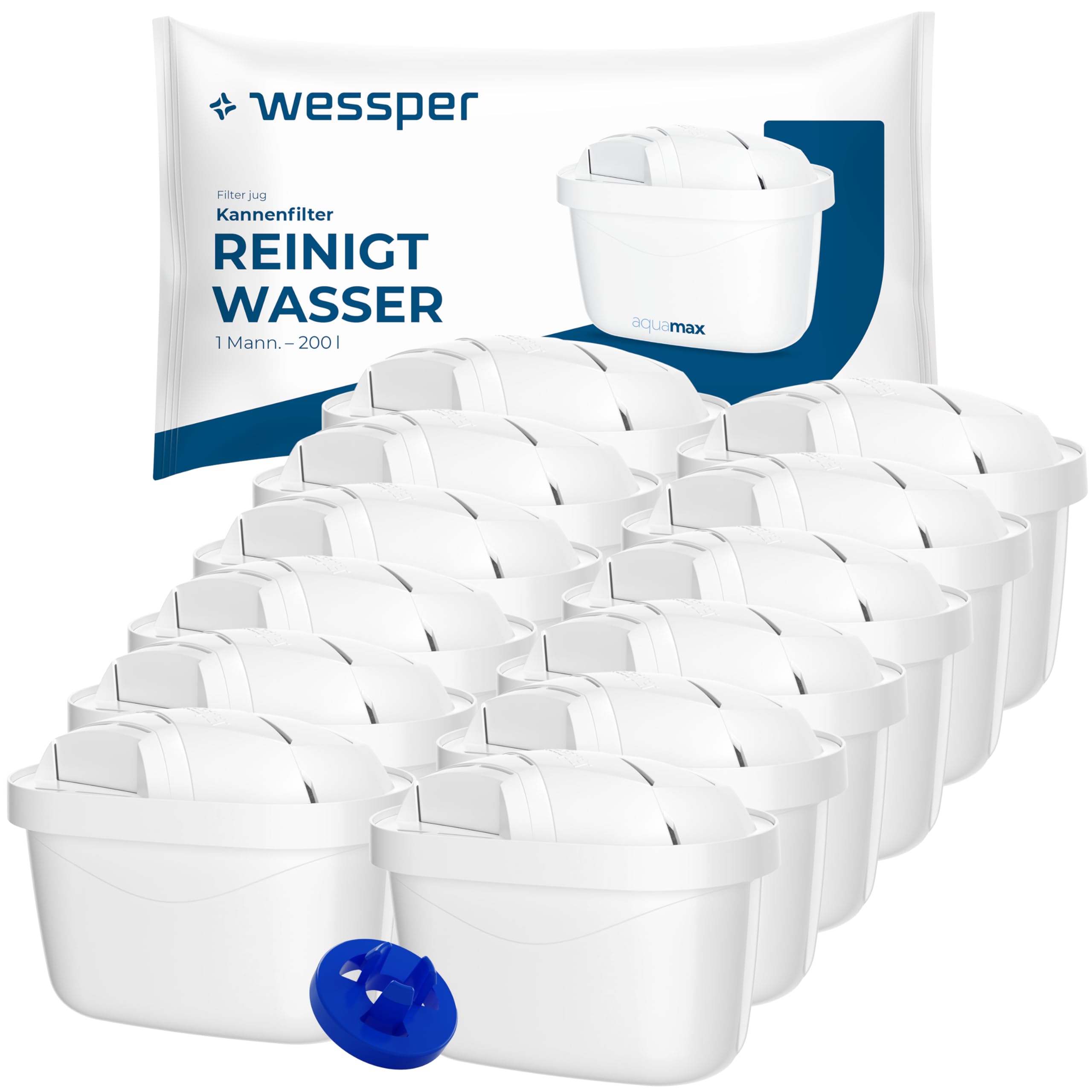 Wessper Water Filter Cartridge, Filter with Activated Carbon and Ion Exchange Resin, Additional PIN Compatible with Brita Jug, Replacement Filter for Jug by Dafi, Wessper, Aquaphor, Philips - Pack of 12