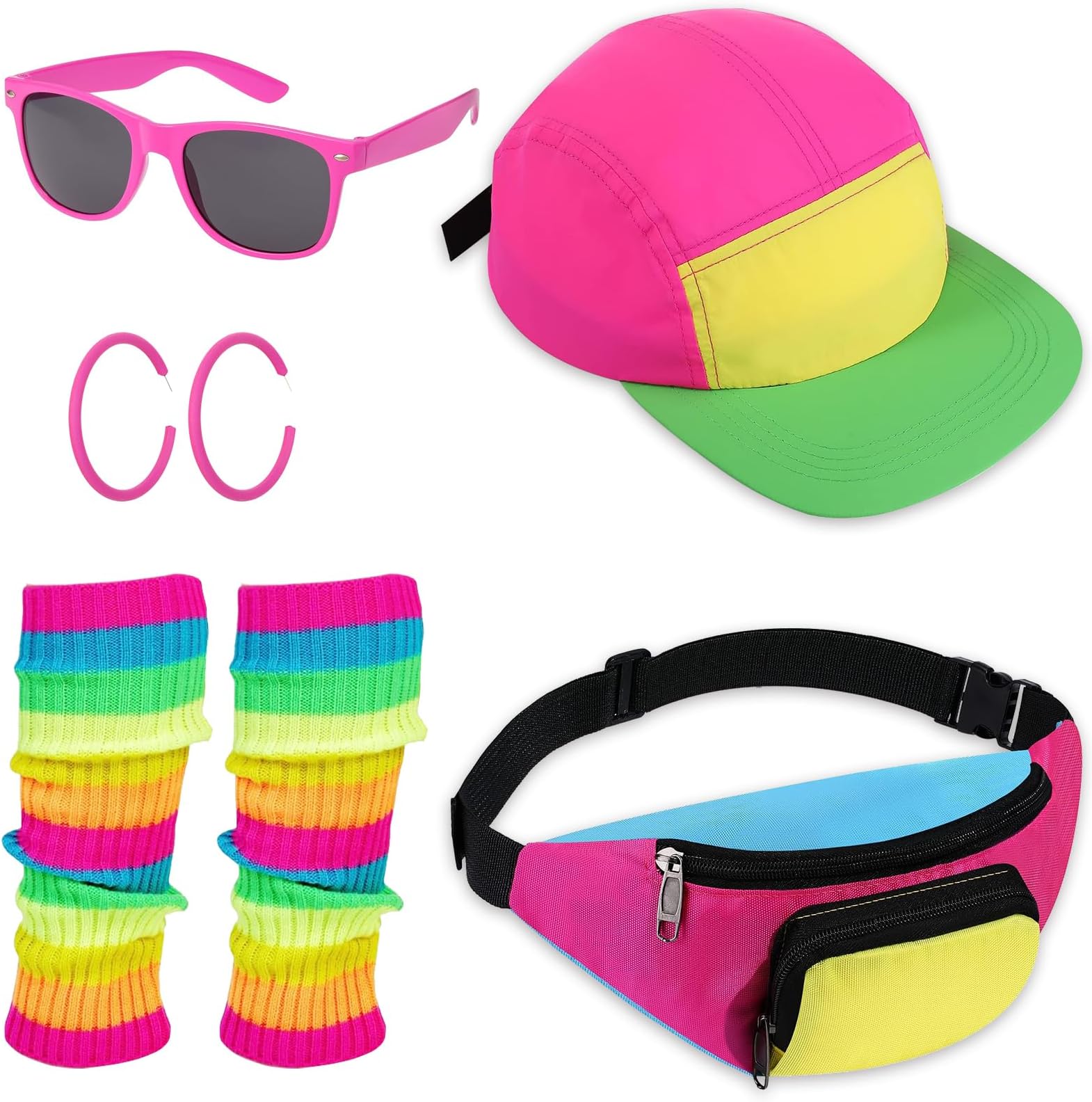 Exojoy 80s Fancy Dress Accessories for Women, 5Pcs 1980s Costume Accessories Set with Neon Fanny Pack Hat Leg Warmers Earrings Retro Glasses for Adult Ladies Party Cosplay