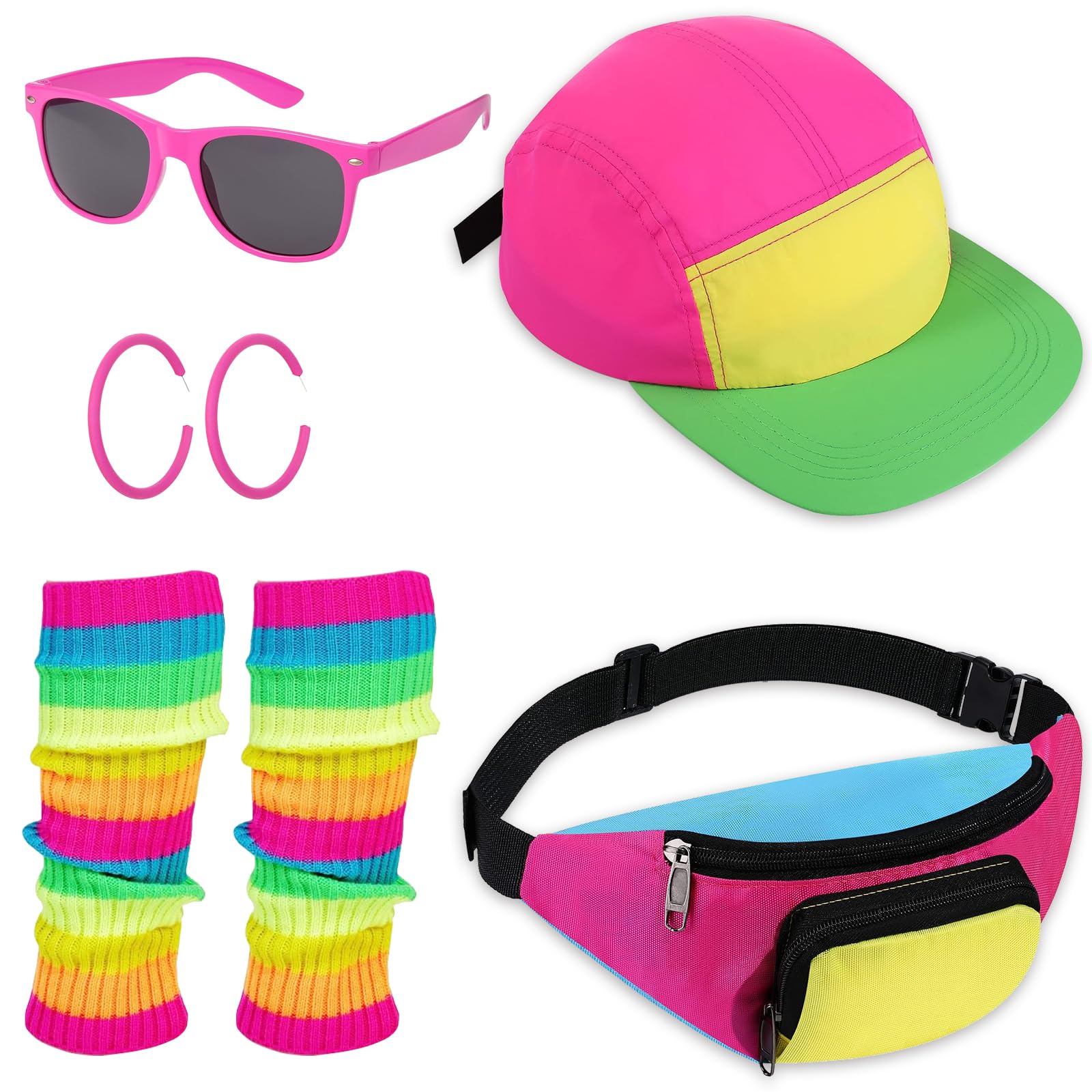 Exojoy 80s Fancy Dress Accessories for Women, 5Pcs 1980s Costume Accessories Set with Neon Fanny Pack Hat Leg Warmers Earrings Retro Glasses for Adult Ladies Party Cosplay