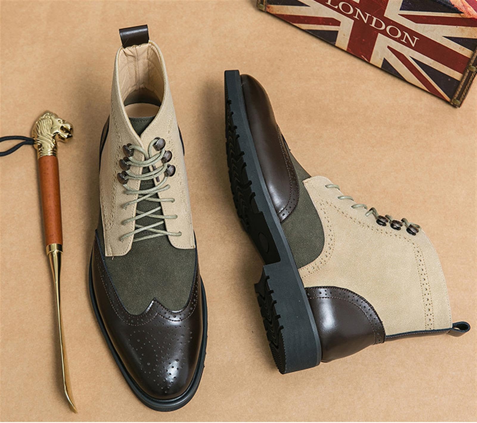 Stivaletti Uomo Pelle PU Brogue Vintage Stringate Scarpe Eleganti