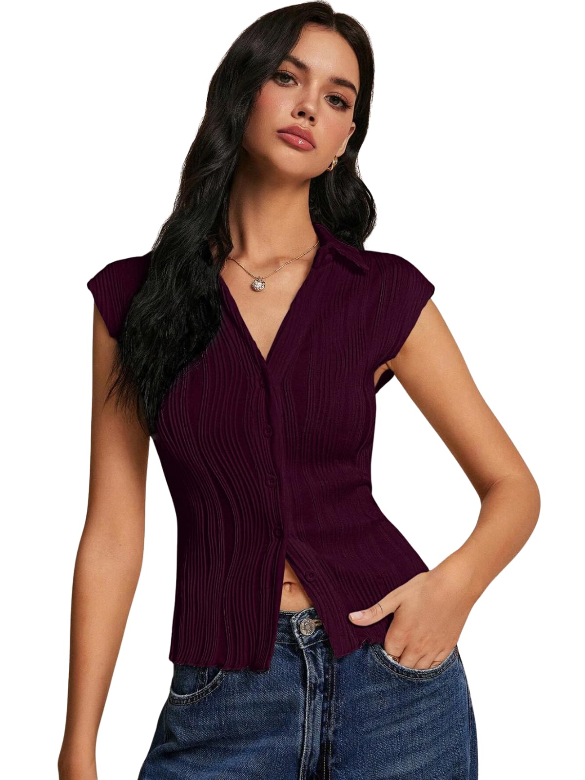greciilooks Korean Tees for Women | Tops for Woman Wine | Collared Casual Summer Tops for Women Western | Knitted Top Button-Up Short Sleeve Crop Top |Summer Stylish Texture Korean Knit Tee-picture-21