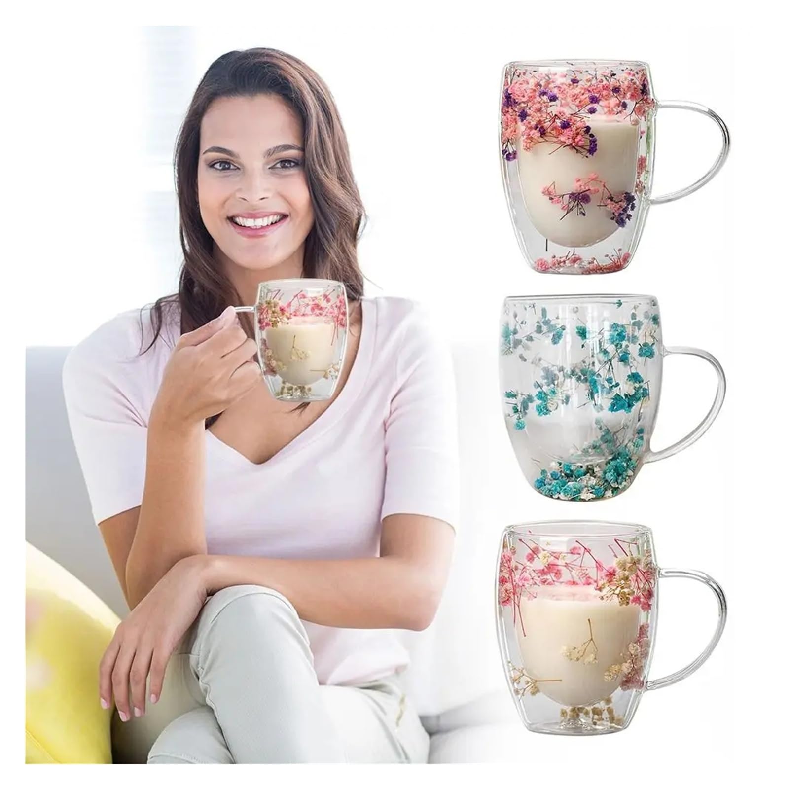 KristallgläSer Doppelwandiger Glasbecher Mit Getrockneten Blumen, 350 Ml, Kaffeebecher Mit Trockenen Blumen, Dekorativer Blumenbecher, Doppelwandiger Blumenbecher(Pink)