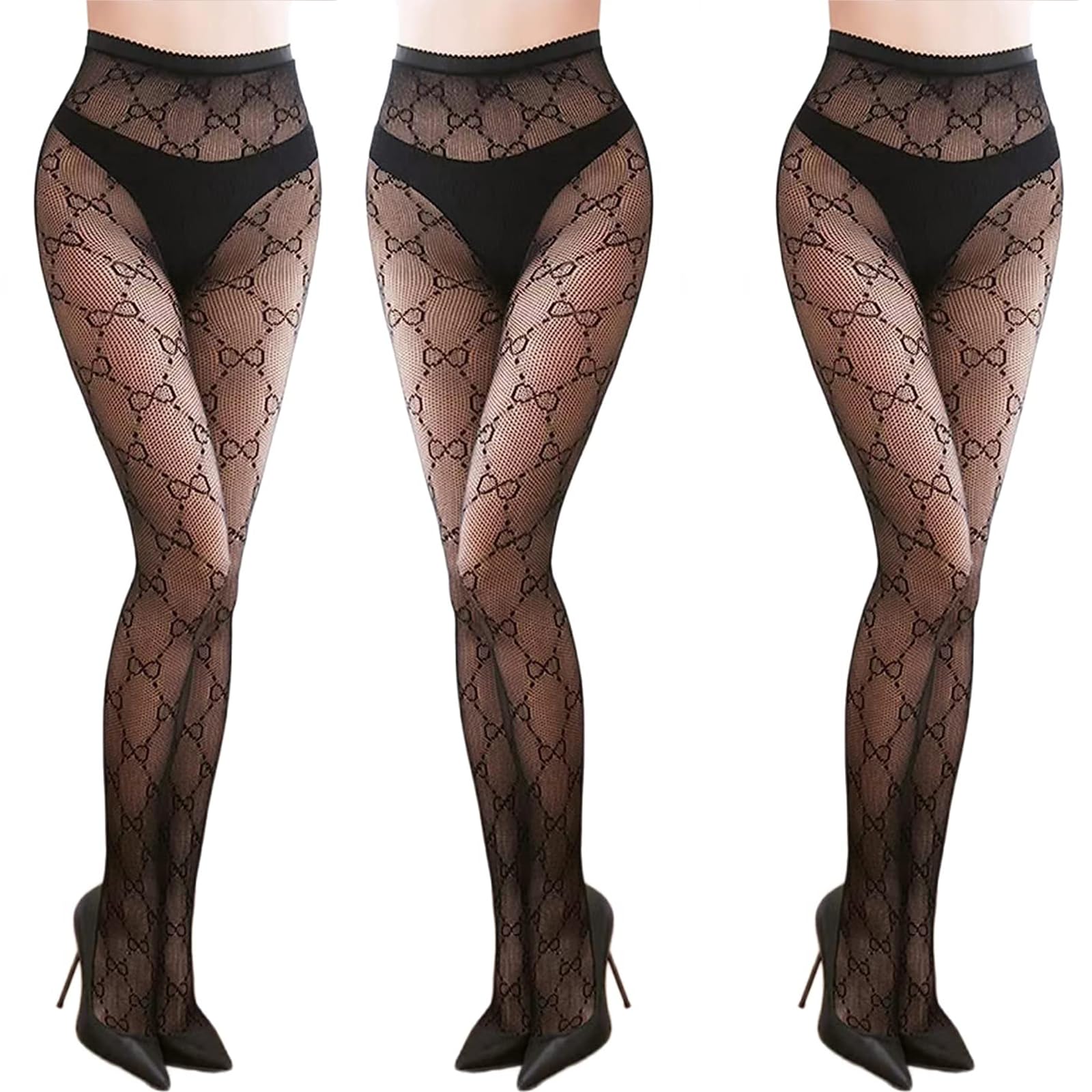 Women's Patterened Fishnet Tights, High Waist Floral Fishnet Stocking, 3 PCS Black Letter G