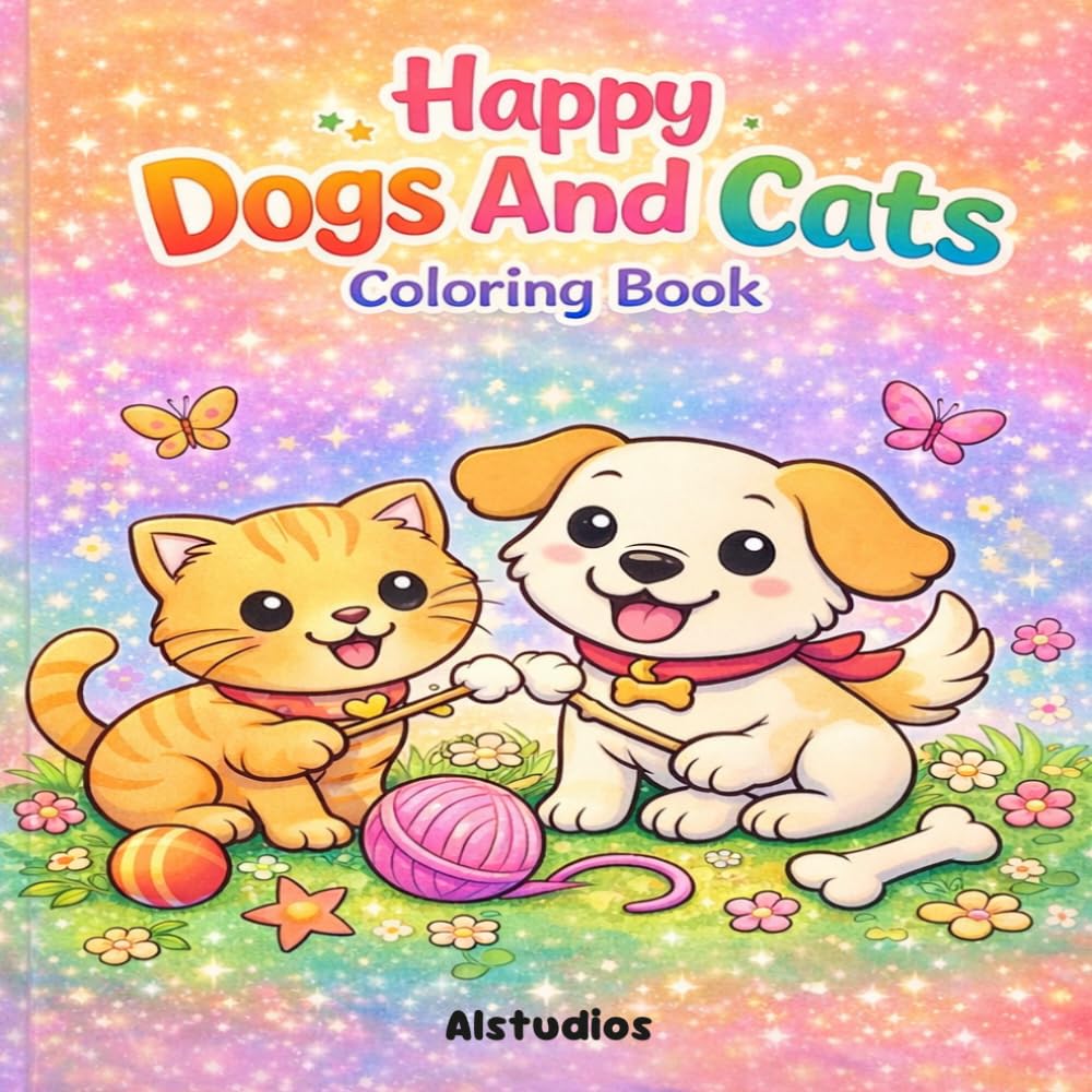 Happy Dogs And Cats - Coloring Book: Adorable Dogs and Cats Coloring Fun for Kids | Cute Puppies, Playful Kittens and Easy Bold Designs for Relaxing Creativity