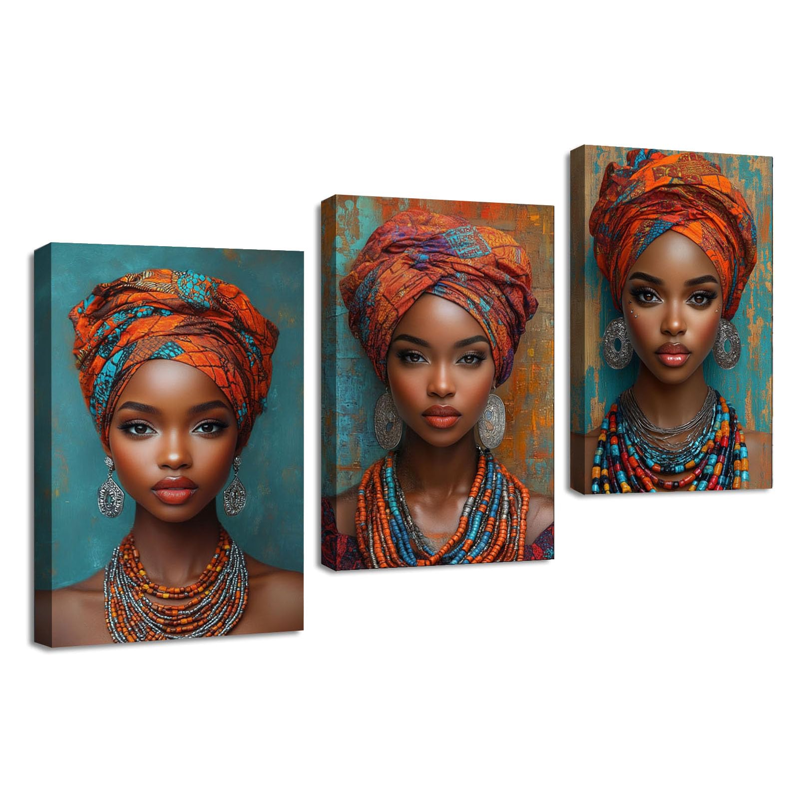 TZKRWRH Cuadros Decorativos Mujeres - 3 Partes Retratos africanos de estilo boho Modernos Abstracto Cuadros Decoration, Mujer Impresiones Sobre Lienzo Posters（Blue 36-50x70cmx3 Enmarcado