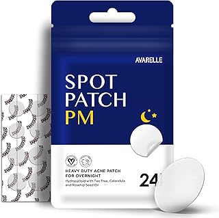 Avarelle Pimple Cover Patch PM (24 Count) Thick Hydrocolloid Spot Cover with Tea Tree Oil, Calendula Oil, and Rosehip Seed, Certified Vegan, Cruelty Free (PM Overnight)