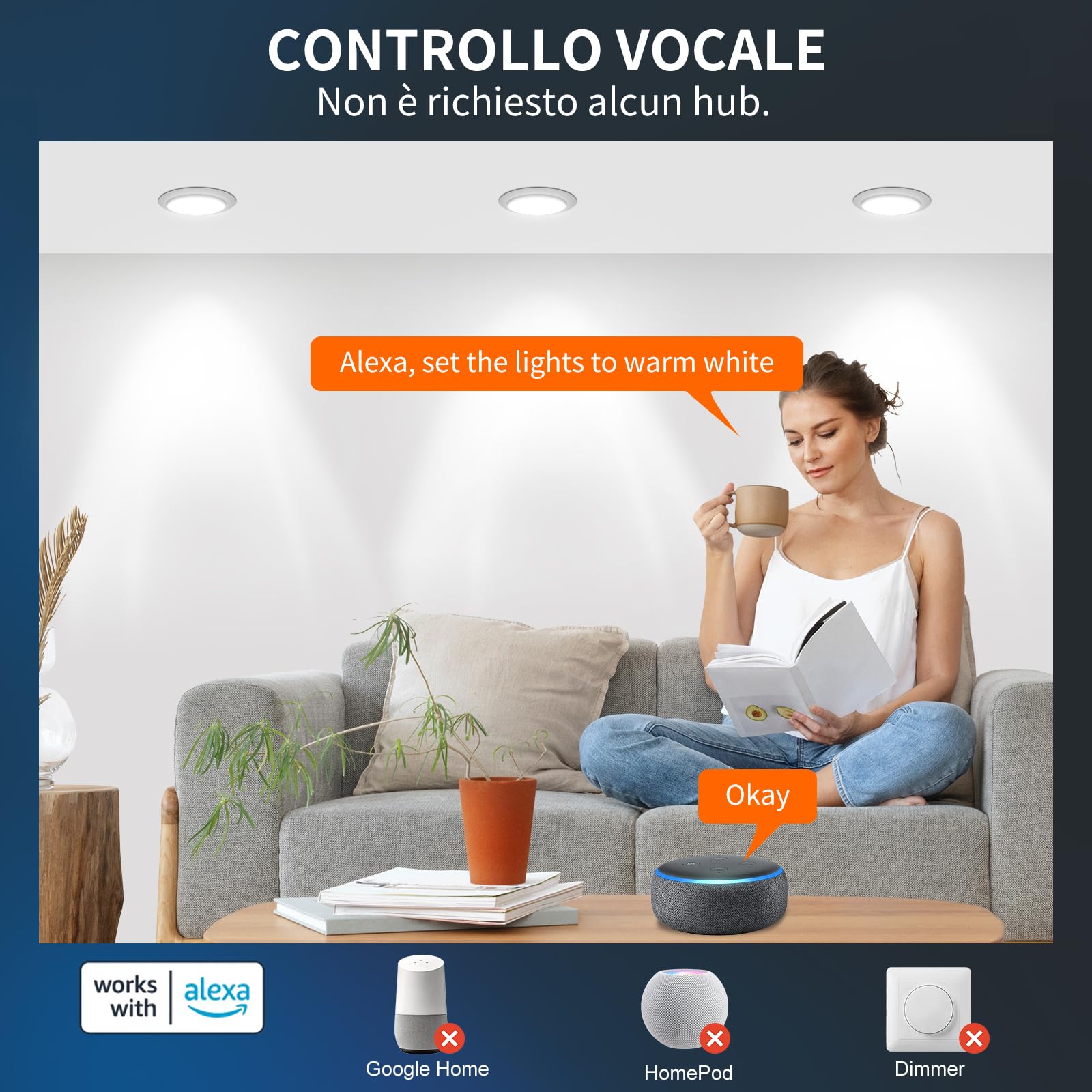 DUSKTEC Faretti LED da Incasso per Cartongesso Smart, Compatibile con Alexa, 220V Faretti LED Spot Interno Intelligente Bluetooth 7W 660LM, Bianco Regolabile 2700K-6000K, App Controllato, 6 Pezzi