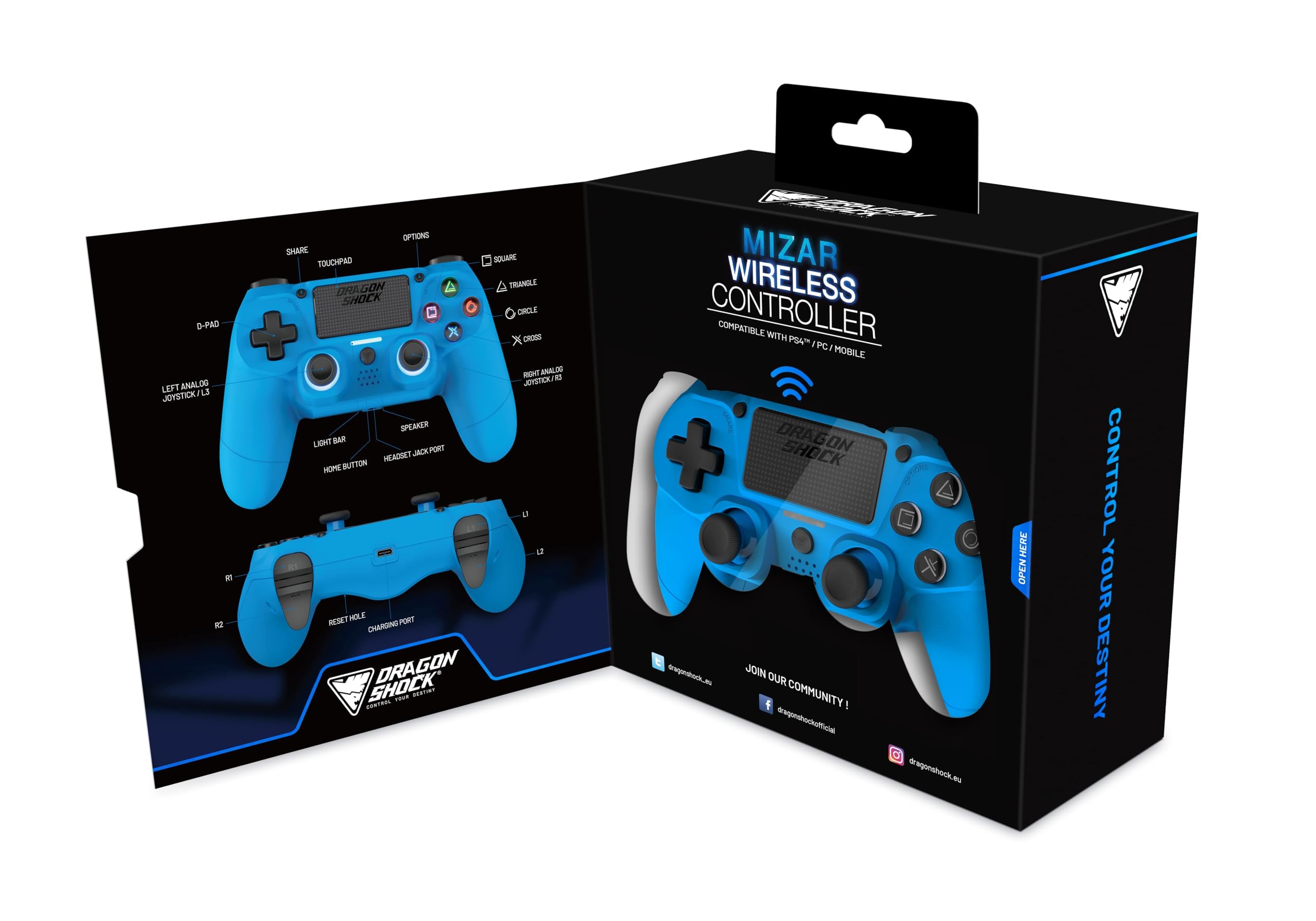 DragonShock Mizar Manette Sans Fil pour PS4 – Contrôleur Bluetooth Compatible PC & PS3 – Double Vibration, Batterie Rechargeable – Bleu