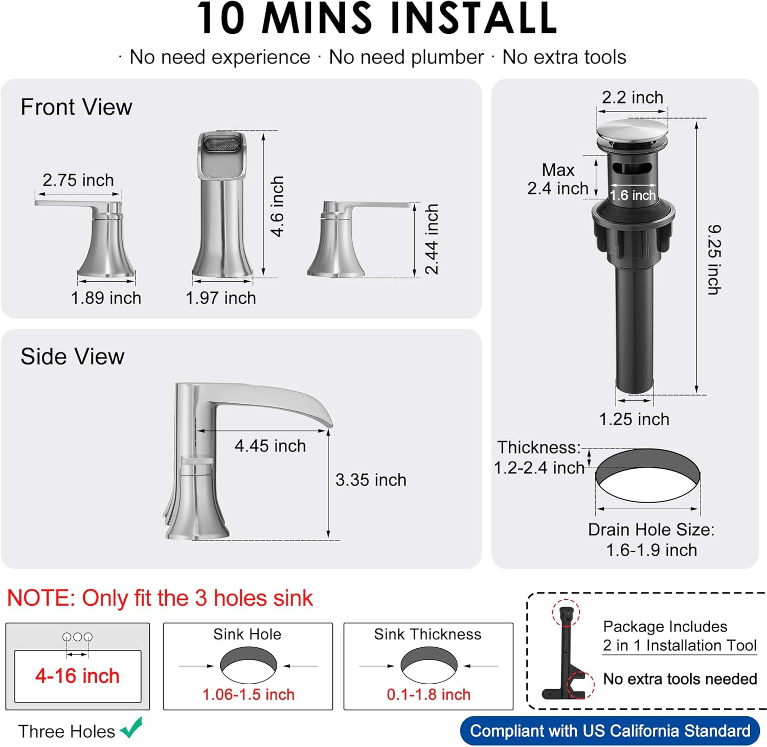 Brushed Nickel Bathroom Faucet 3 Hole, 4-8 Inch Waterfall Bathroom Sink Faucet Widespread with Drain & cUPC Supply Hose, 2 Handles for Vanity, Lavatory, Restroom, Brass Material, 10 Mins Install - Image 6