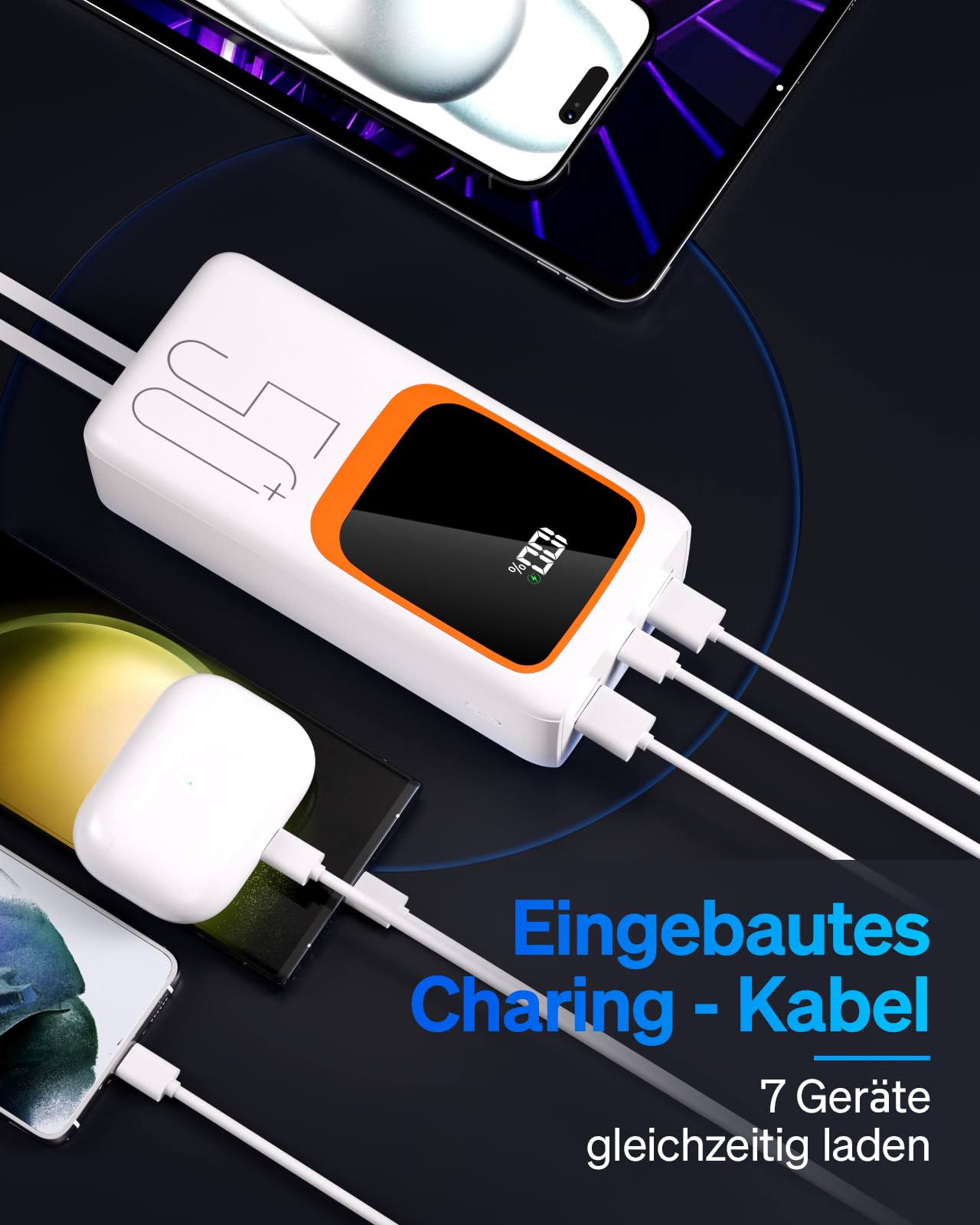 Batería externa de 50000 mAh con cable integrado: batería externa de carga rápida de 22,5 W con gran capacidad, cargador portátil con linterna LED y 7 salidas y 3 entradas. RoidaRadio con