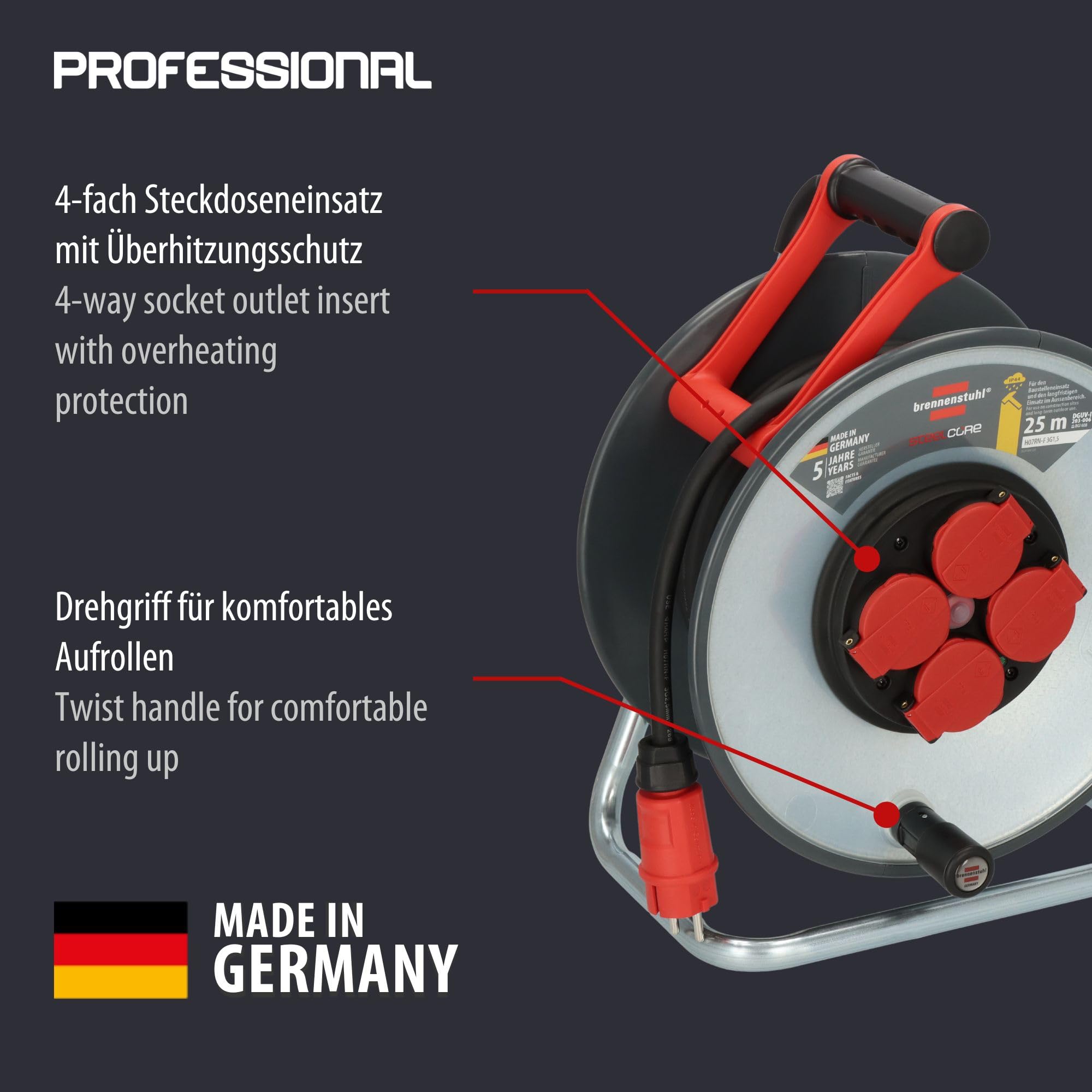 Brennenstuhl Tamburo professionale SteelCore SC 2200 IP44 (25 m H07RN-F 3G2,5, trommelkörper aus Stahlblech, Baustelleneinsatz und ständiger Einsatz im Freien, Made in Germany)