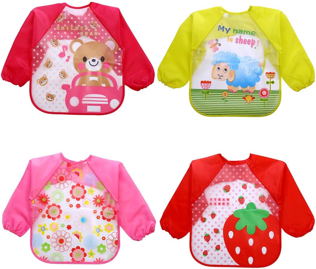 FascigirlBaby Bibs with Sleeves,4PCS Unisex Baby Waterproof Long Sleeve Bib Feeding Bibs Cartoon Animal Drool Bib Art Apron Smock Long Sleeved Bib for Infants Toddlers Boys Girls