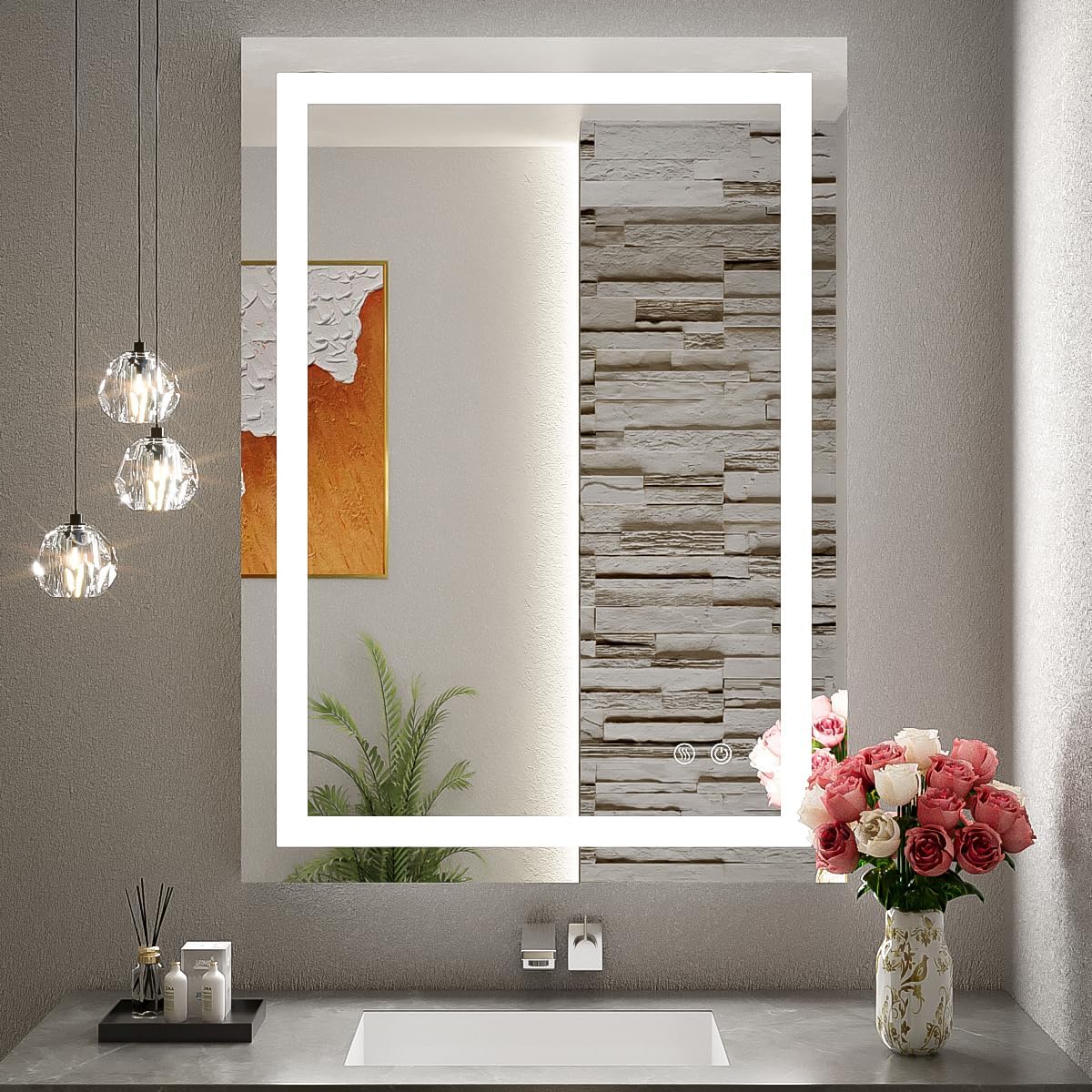 FTOTI 36 x 24 Inch LED Bathroom Mirror for Vanity,Wall Mounted Lighted Mirror, Frameless Bathroom Mirror with Lights Dimmable Anti-Fog Memory Function(Horizontal&Vertical) 36X24