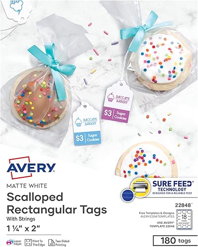 Avery Printable etiquetas con cuerdas, diseño festoneado, 2 x 1.25 pulgadas, pack de 180 (22848), Blanco
