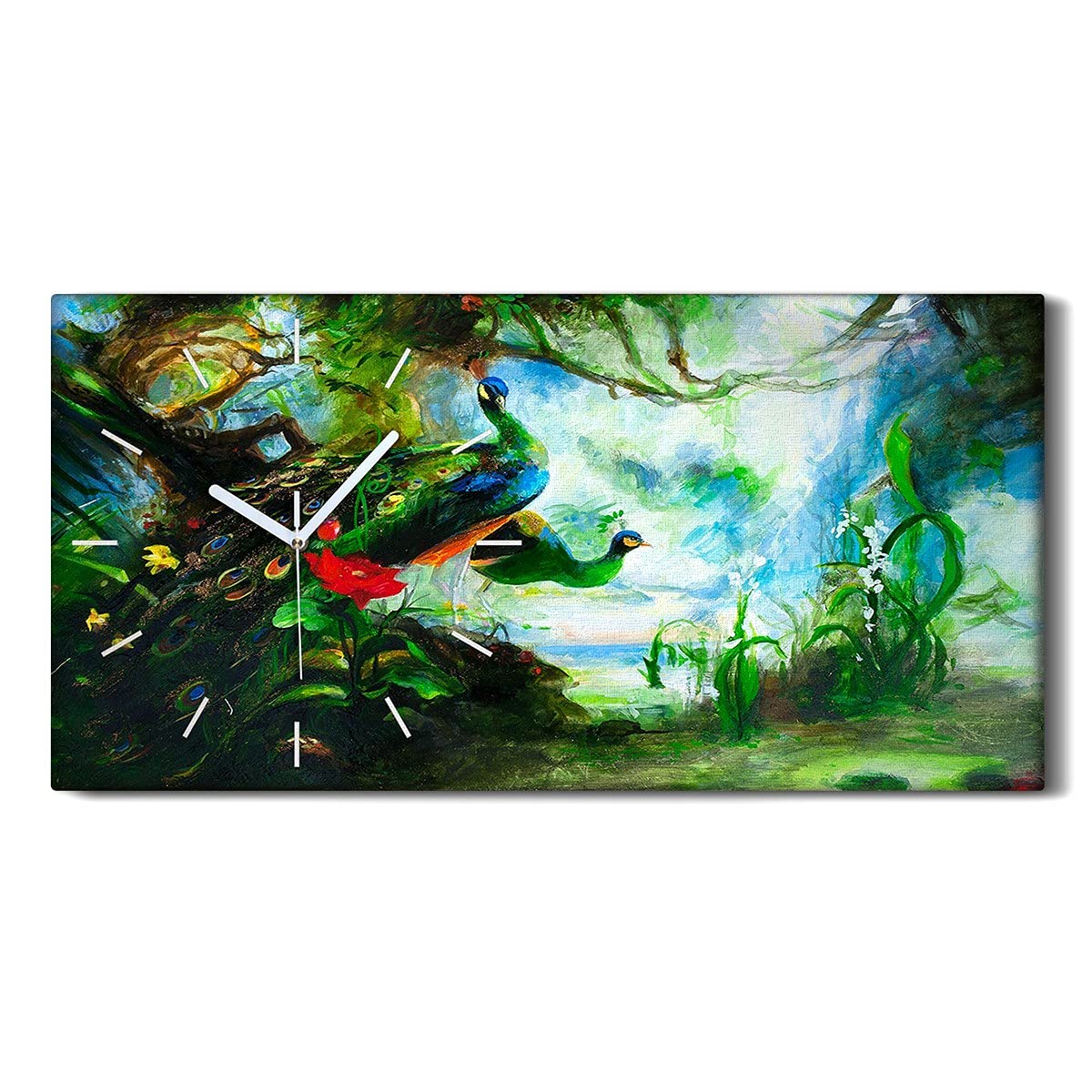 Horloge murale salon moderne forêt et paon tableau silencieux 60x30