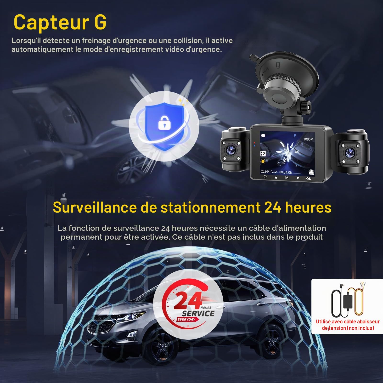 Hikity 2.4" 1080P WiFi Dashcam 4 Dashcam avec DVR G-Capteur Carte TF 64G
