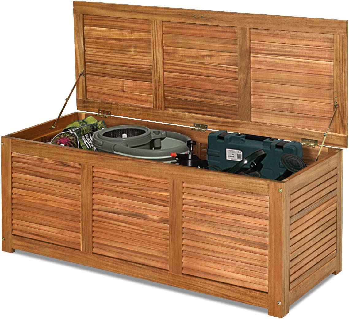 GYMAX Coffre de Terrasse en Bois d'Acacia, Boîte de Rangement Intérieur Extérieur pour Jardin, Coussins de Meubles/Patio ou Outils de Jardinage