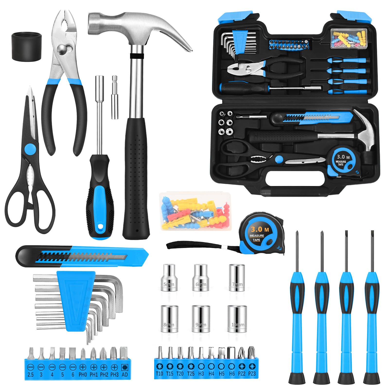 HANGYING 132-Piece Household Hand Tool Set, Blue Tool Kit with Storage Case
