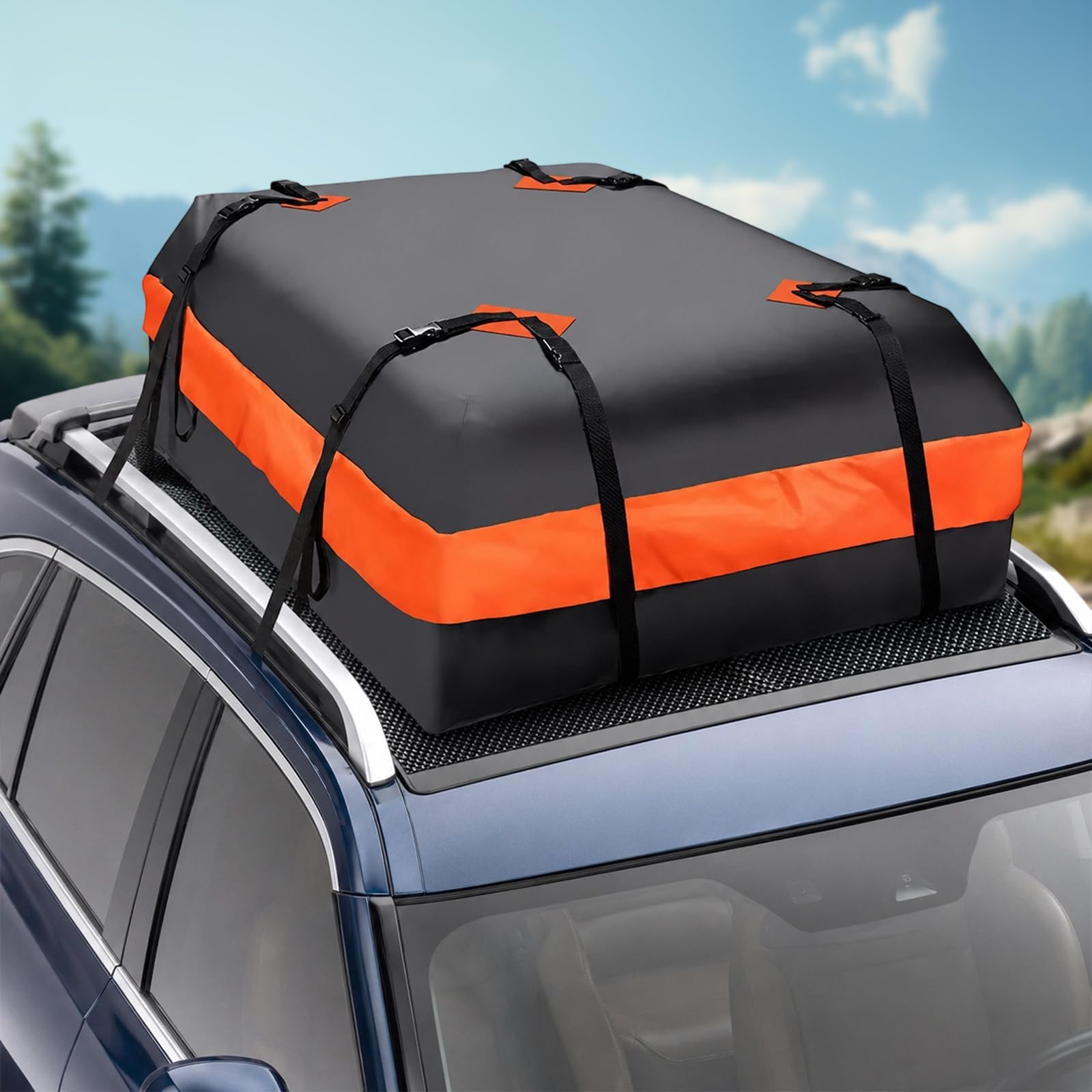 Torba na bagażnik dachowy 425L, wodoszczelna, nylon 420D, 112×87×44 cm, z 6 pasami, matą antypoślizgową, osłoną przeciwdeszczową i zabezpieczeniem przed kradzieżą, składana, do samochodu, SUV-a i