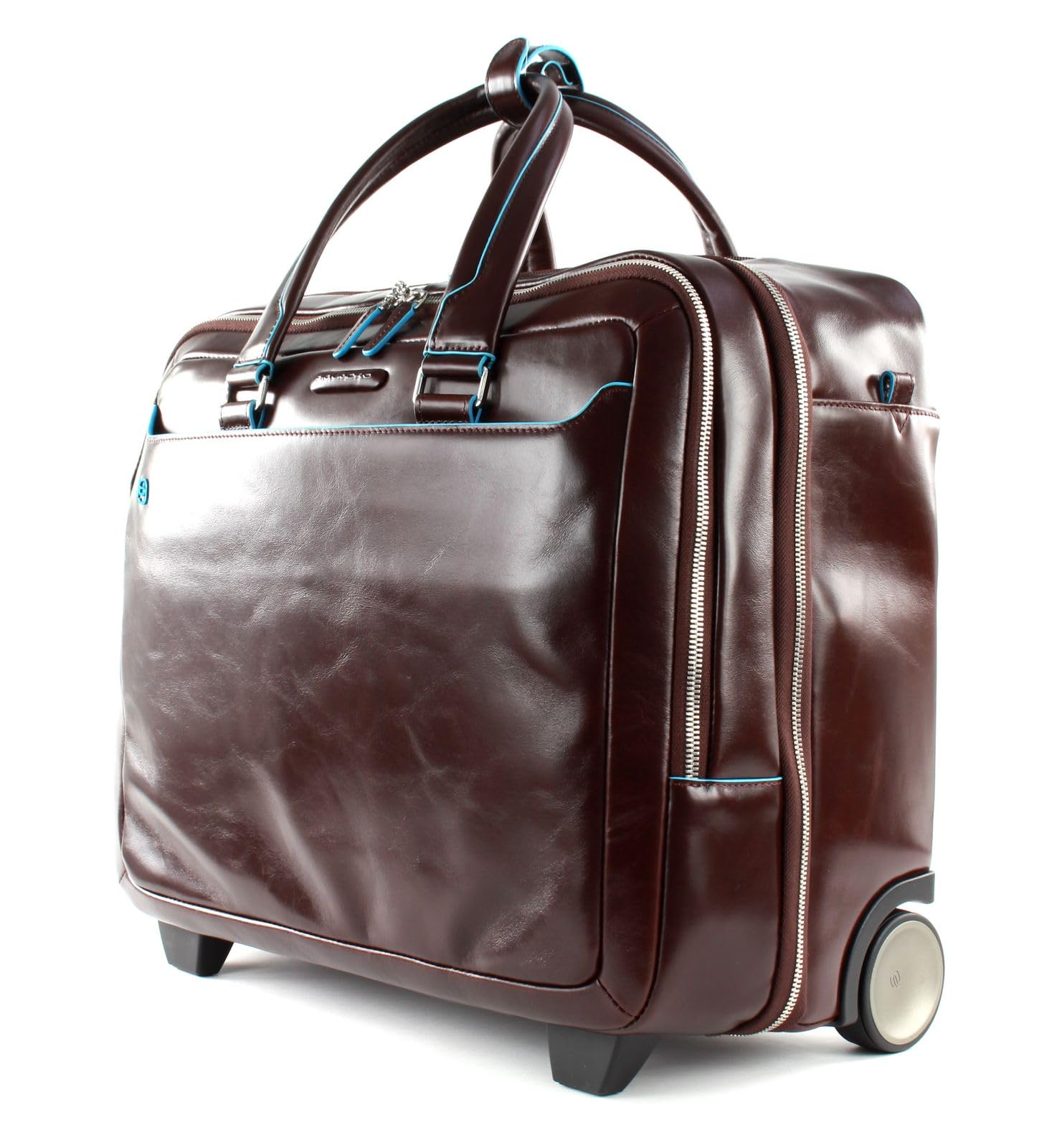 PIQUADRO - Trolley Piloti in Pelle Porta PC Blue Square - Unisex - Mogano | Alloggio Tablet 13", A spalla, Protezione antiurto, Vano laptop, Elegante e Professionale
