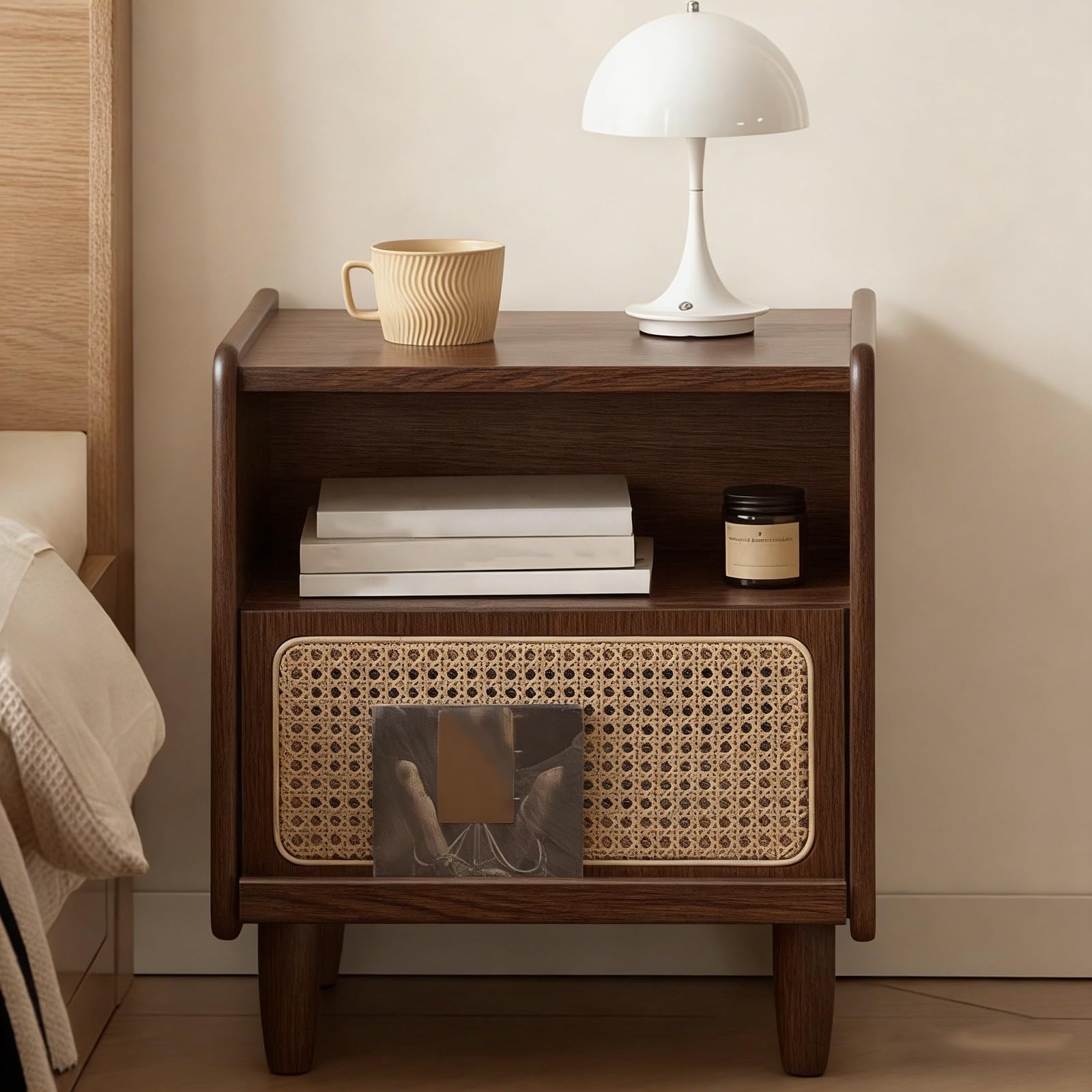 SXZenSpace Rattan Nightstand with Drawer End Table, 100% Solid Wood Bedside Table for Bedroom(Brown,40x35.2x50cm)